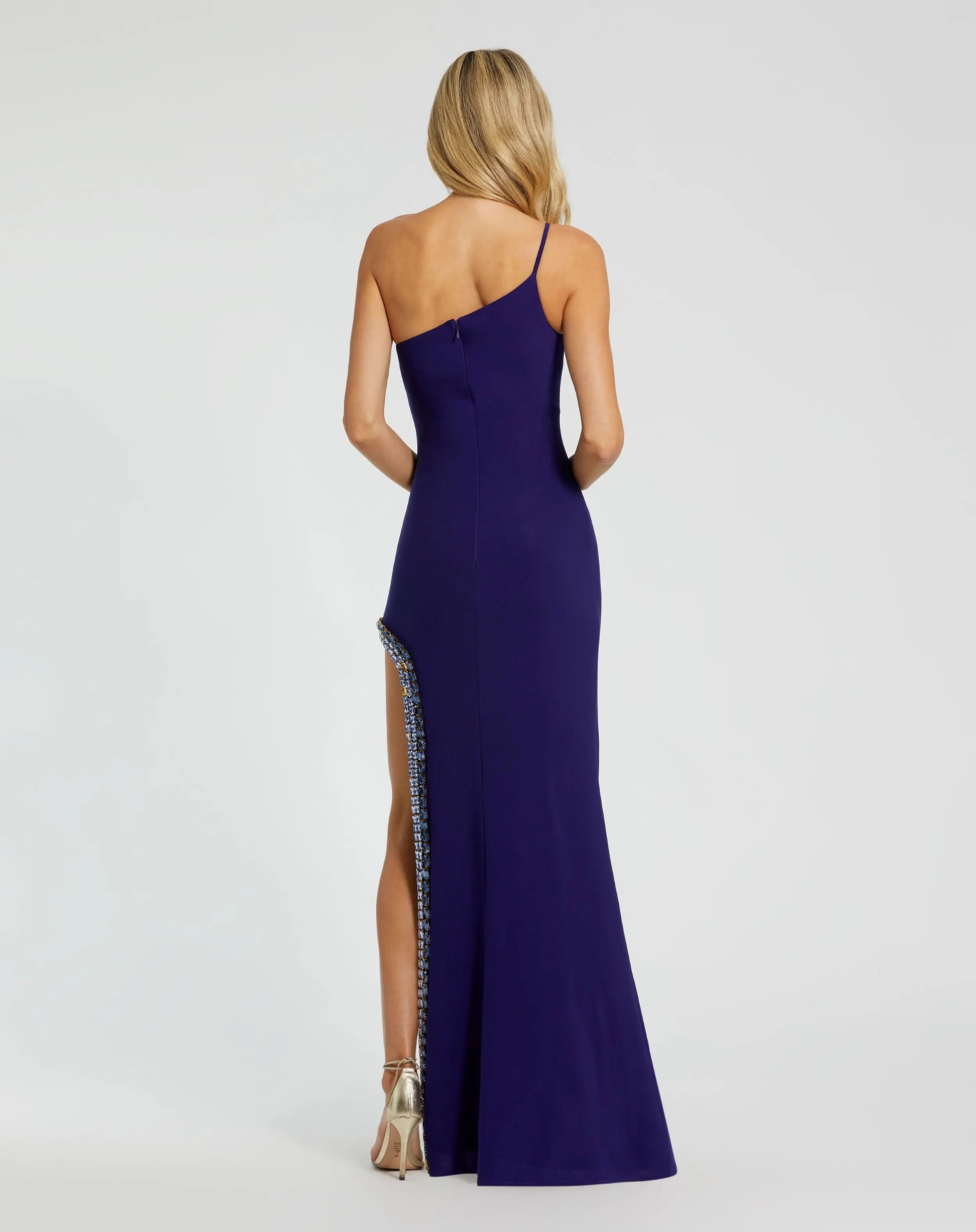Blue One Shoulder Gown with Embellished Slit - Mac Duggal