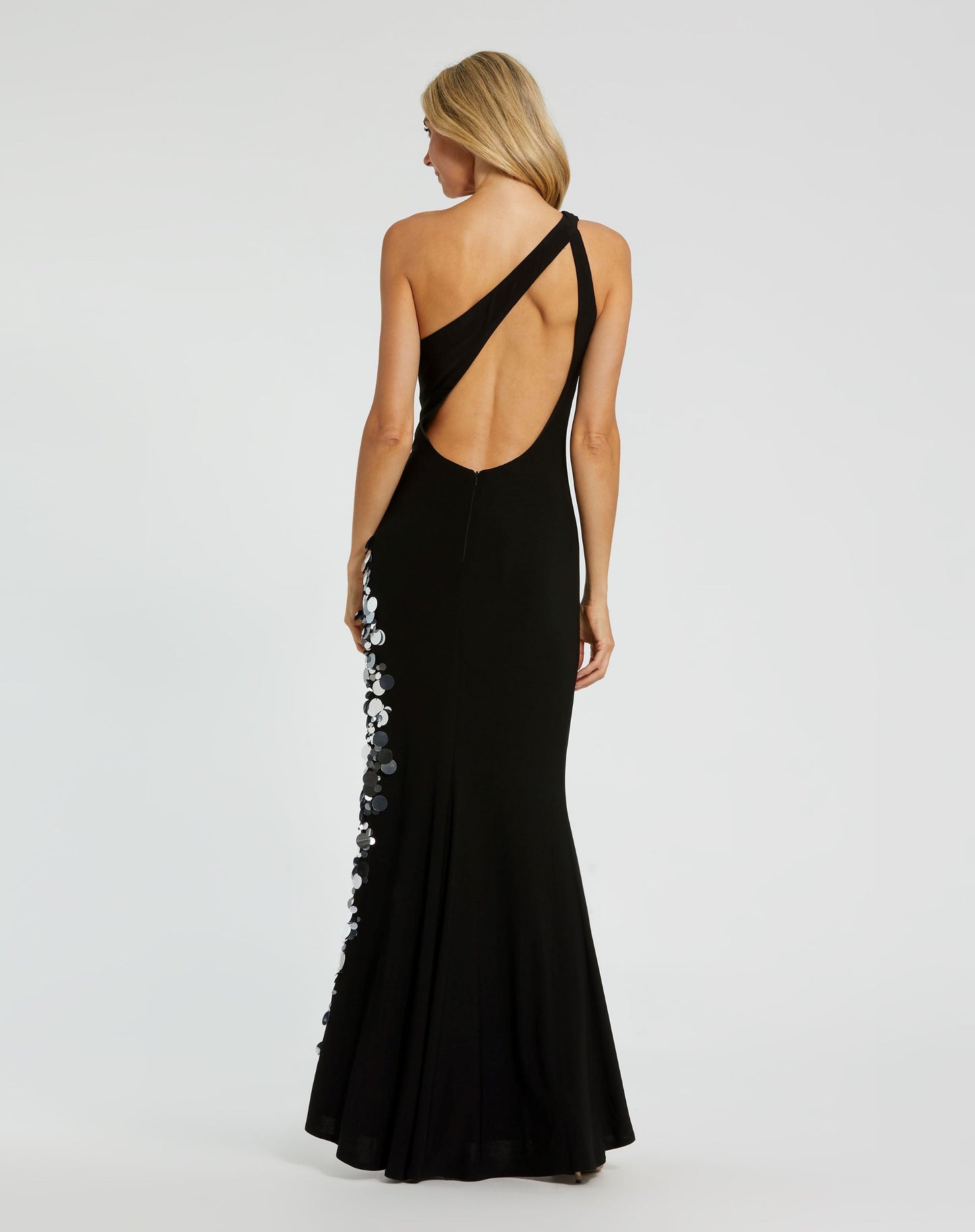 One Shoulder Keyhole Gown with Embellished Slit