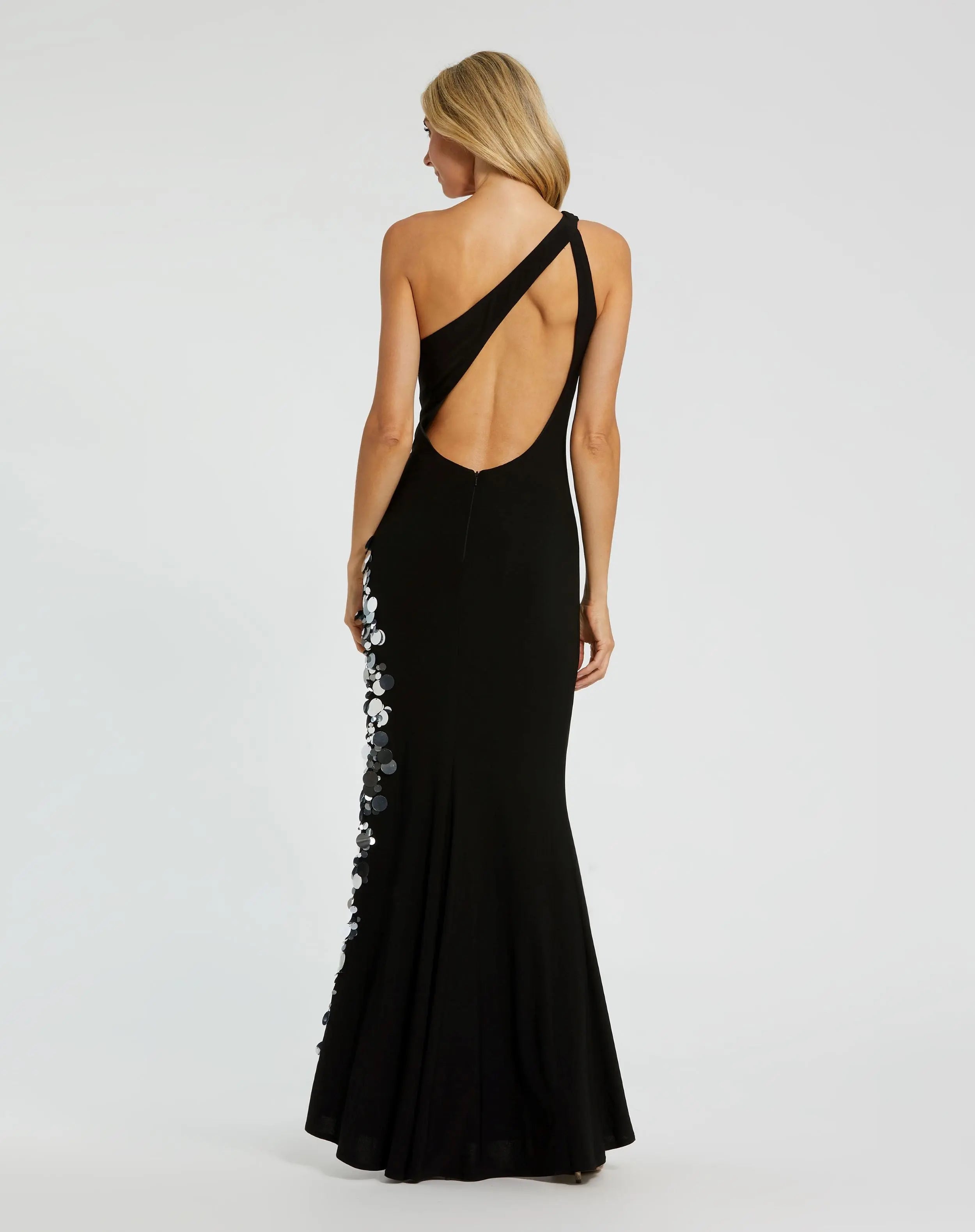 Black One Shoulder Keyhole Gown with Embellished Slit - Mac Duggal