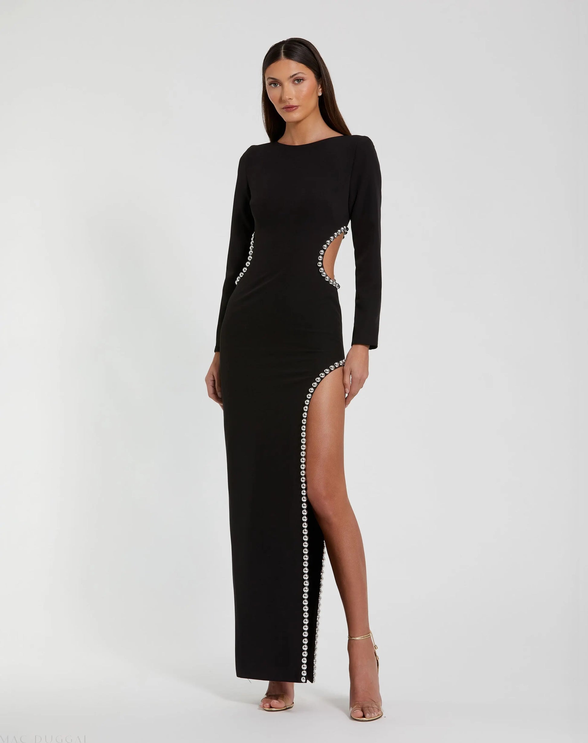 Black Crepe Long Sleeve Gown With Beaded Cut Outs | Mac Duggal Black Crepe Long Sleeve Gown With Beaded Cut Outs | Mac Duggal