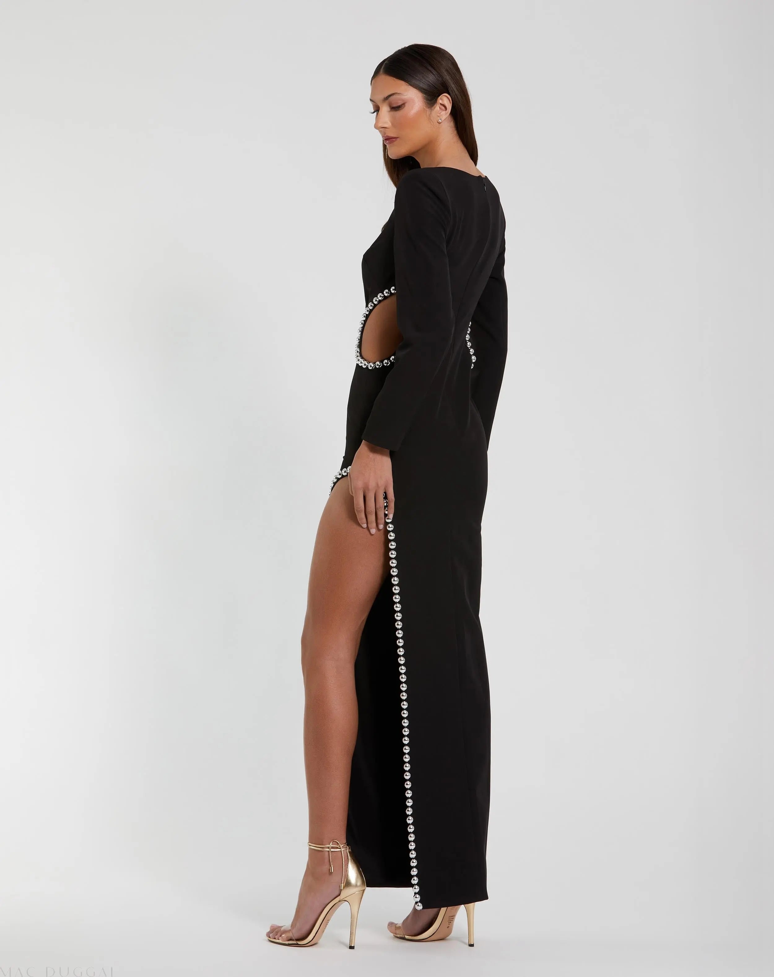 Black Crepe Long Sleeve Gown With Beaded Cut Outs - Ieena for Mac Duggal