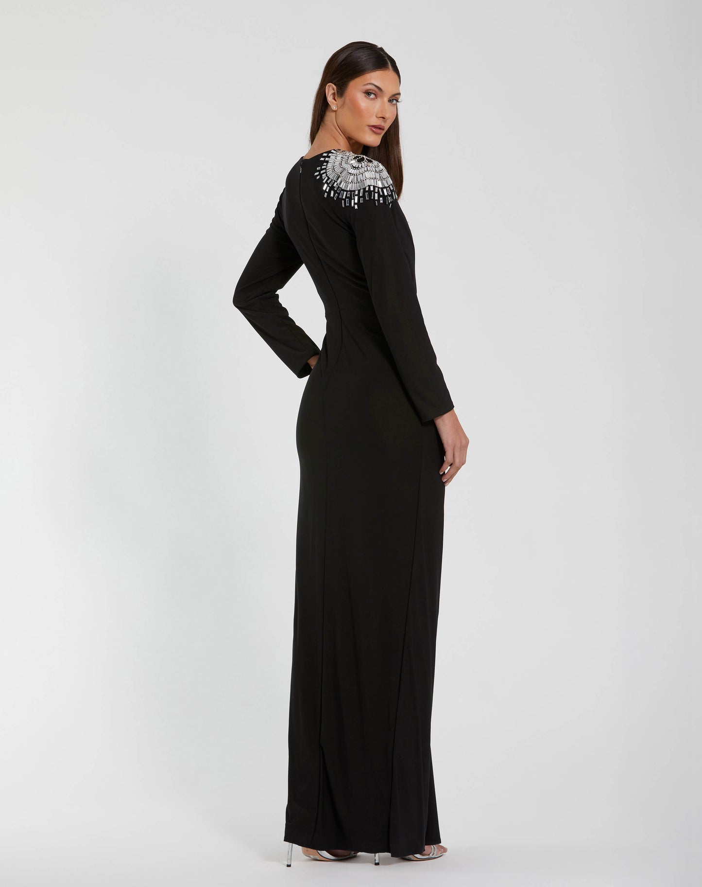 Jersey Long Sleeve Wrap Gown With Beaded Shoulder