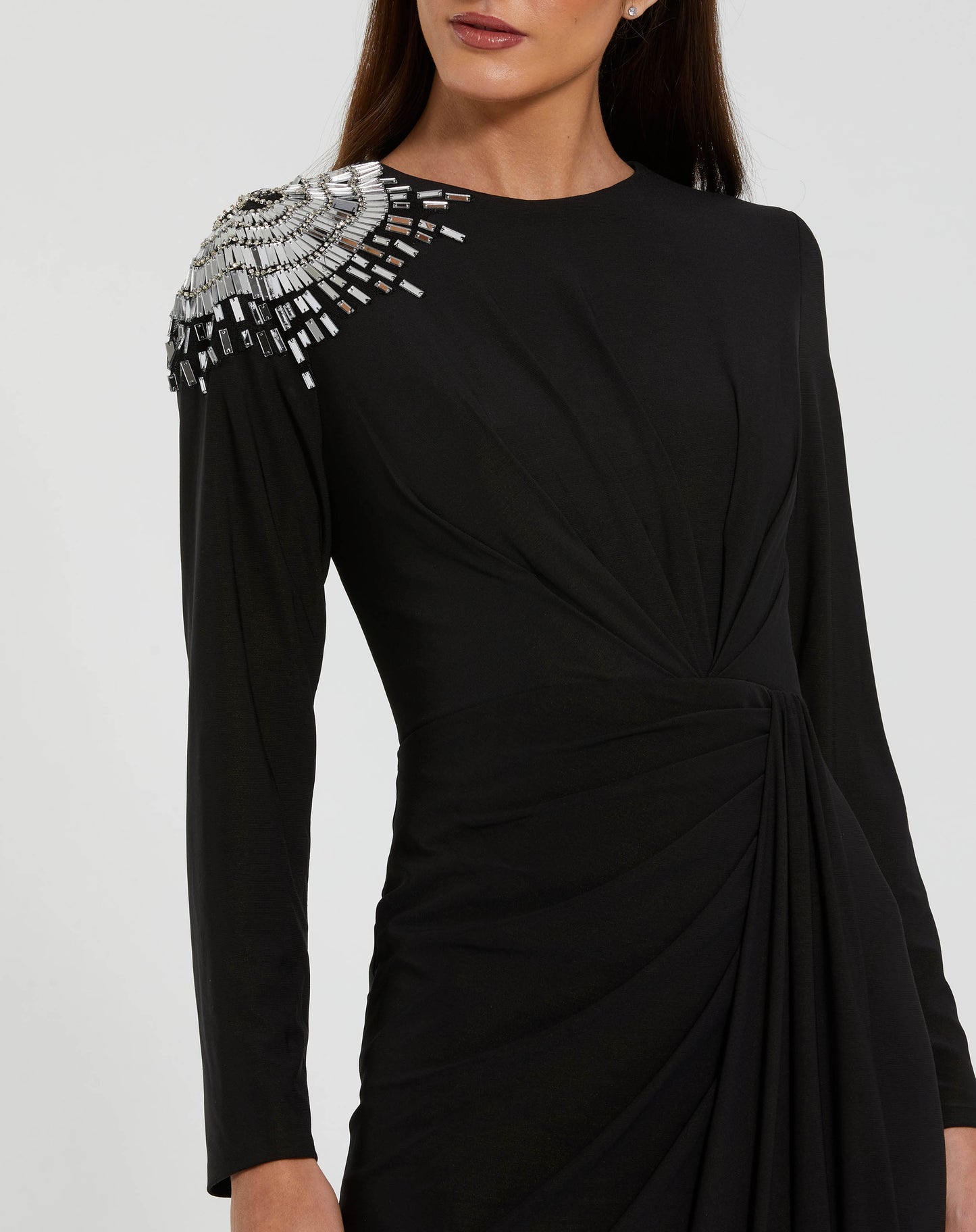 Jersey Long Sleeve Wrap Gown With Beaded Shoulder