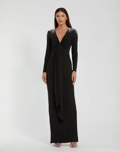 Jersey V Neck Faux Knot Gown With Beaded Shoulders