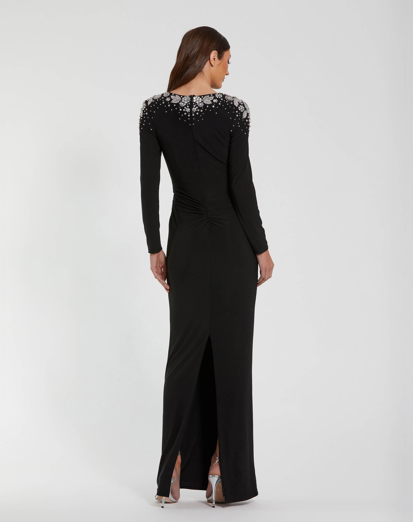 Jersey V Neck Faux Knot Gown With Beaded Shoulders