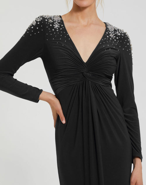 Jersey V Neck Faux Knot Gown With Beaded Shoulders