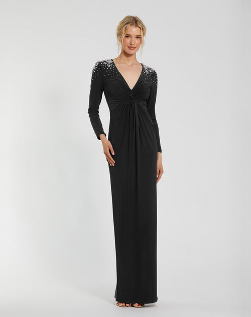 Jersey V Neck Faux Knot Gown With Beaded Shoulders