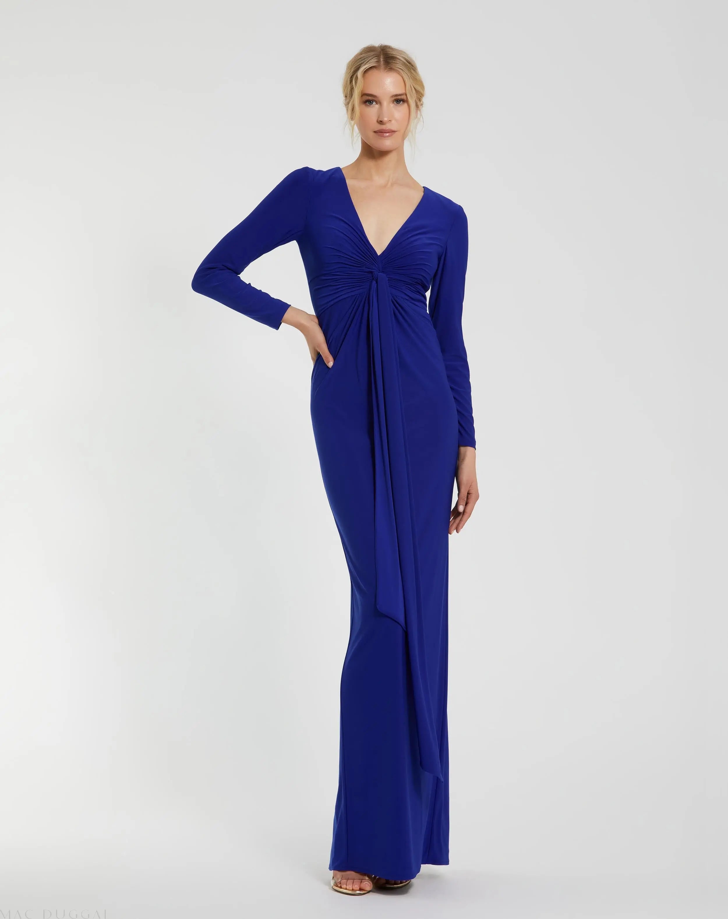 Blue Long Sleeve Jersey V Neck Twist Knot Gown - Ieena for Mac Duggal