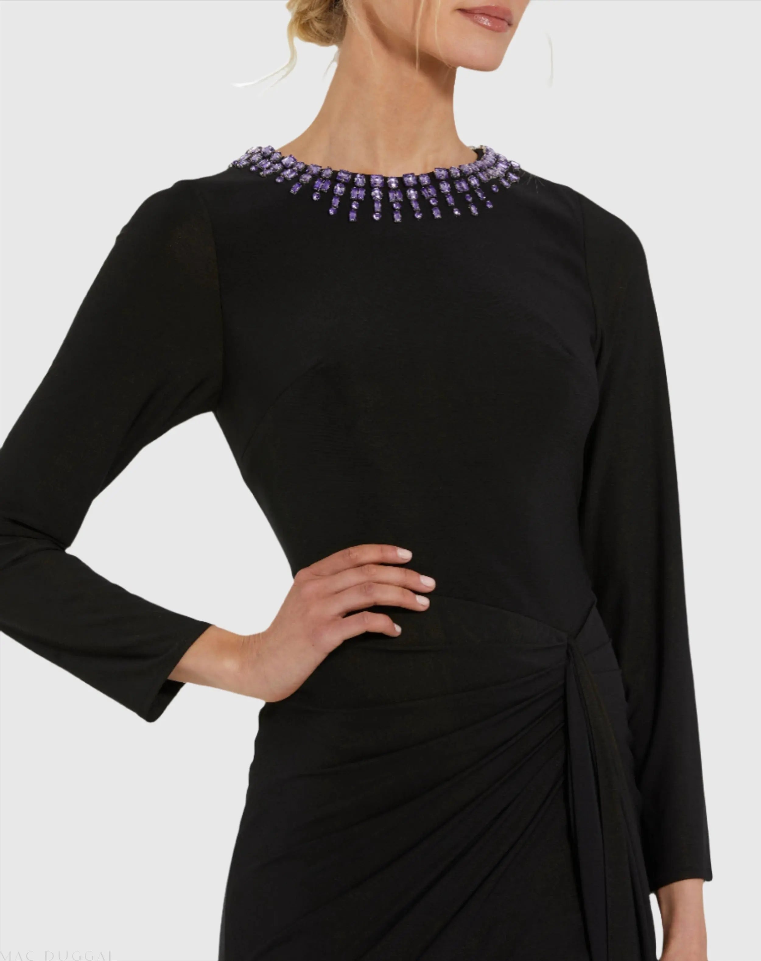 Black Long Sleeve Jersey Ruched Gown With Beaded Neck - Ieena for Mac Duggal