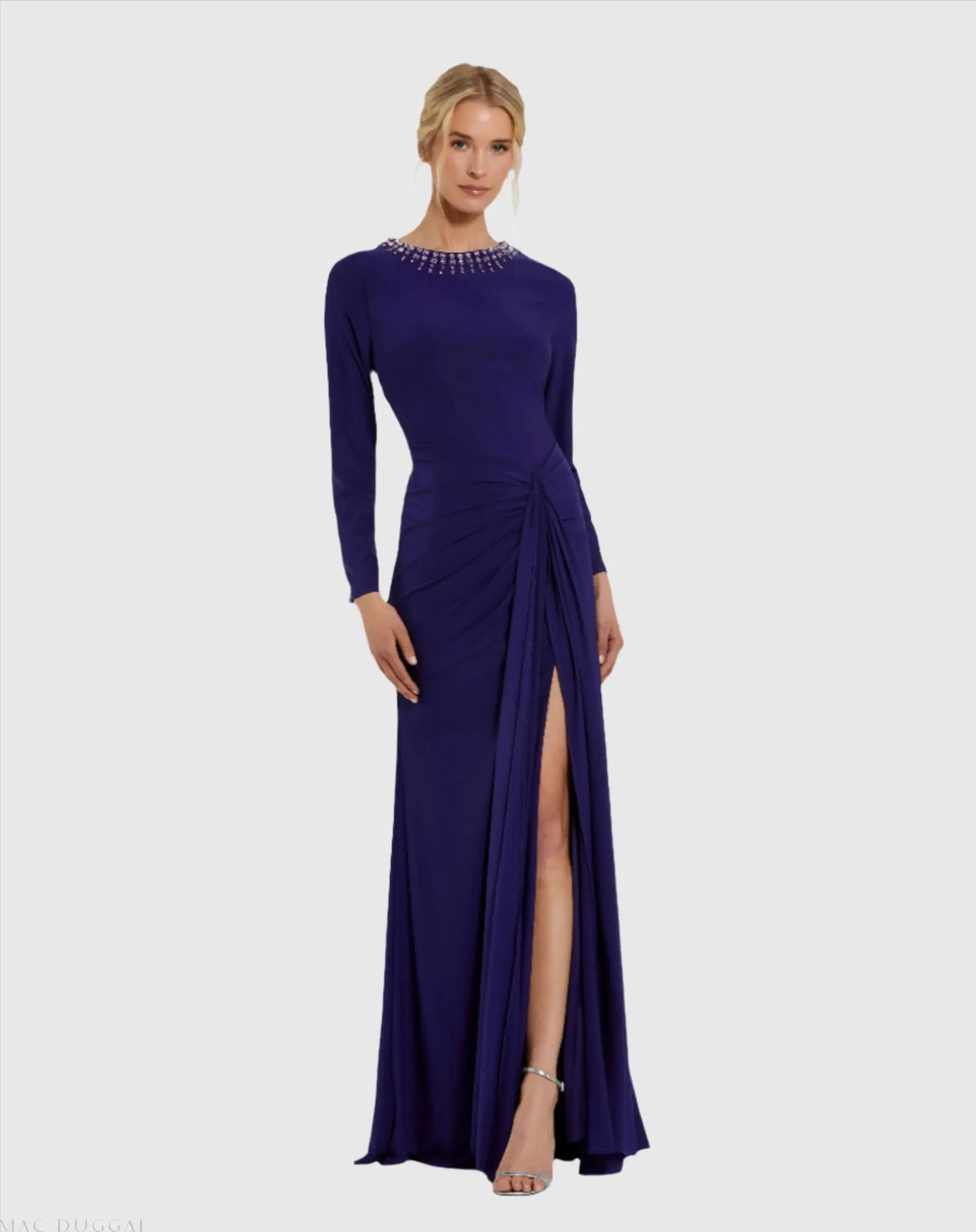 Purple Long Sleeve Jersey Ruched Gown With Beaded Neck - Ieena for Mac Duggal