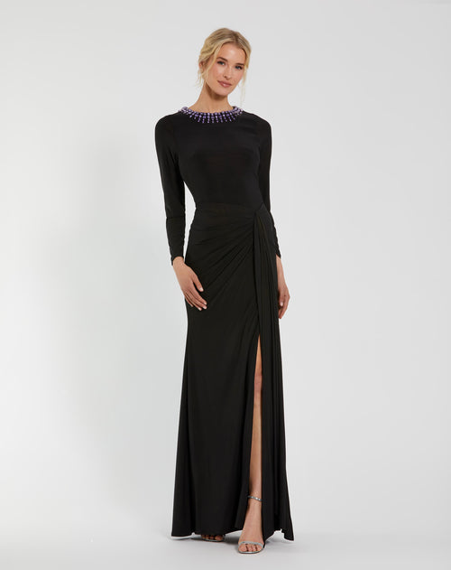 Long Sleeve Jersey Ruched Gown With Beaded Neck