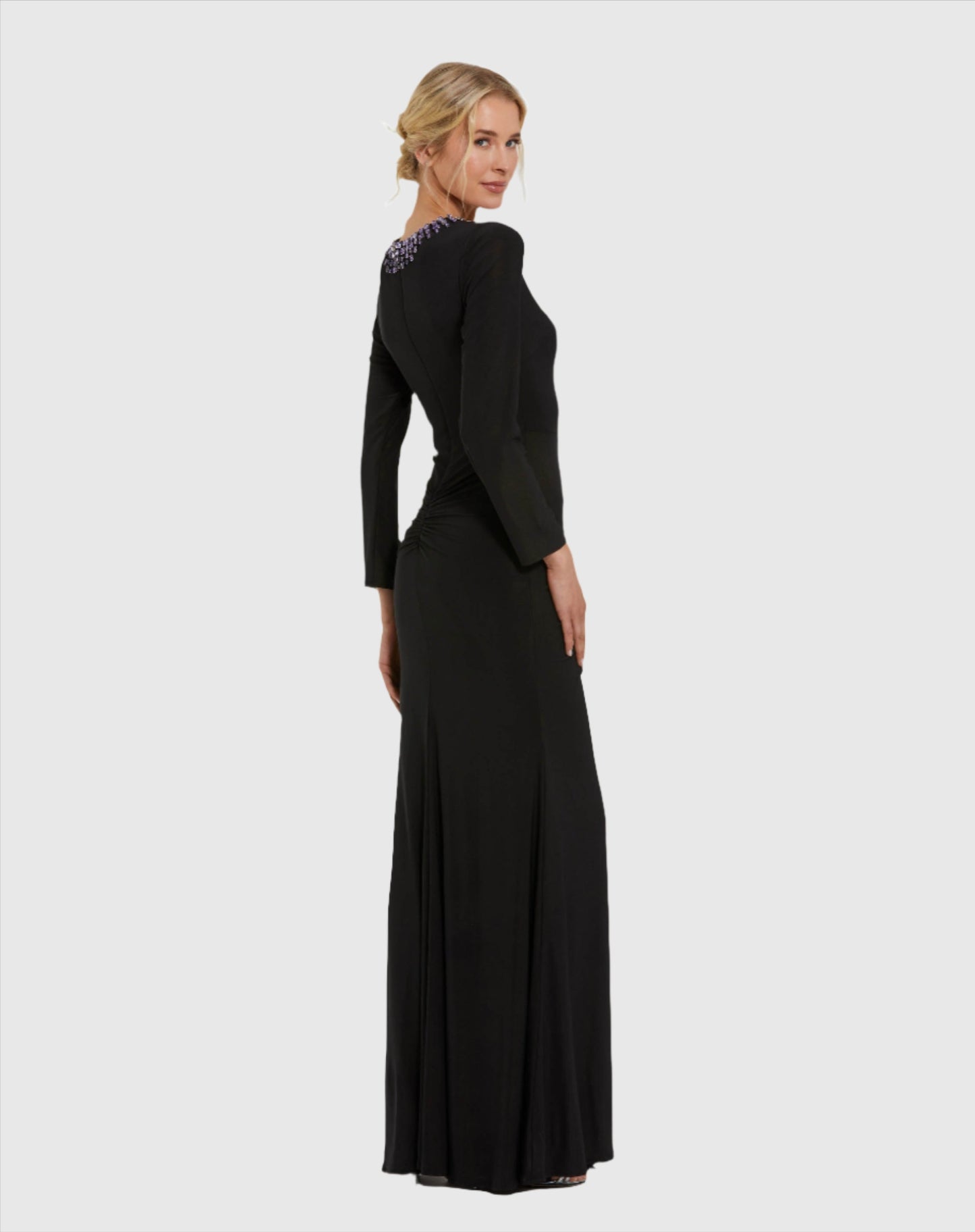 Long Sleeve Jersey Ruched Gown With Beaded Neck