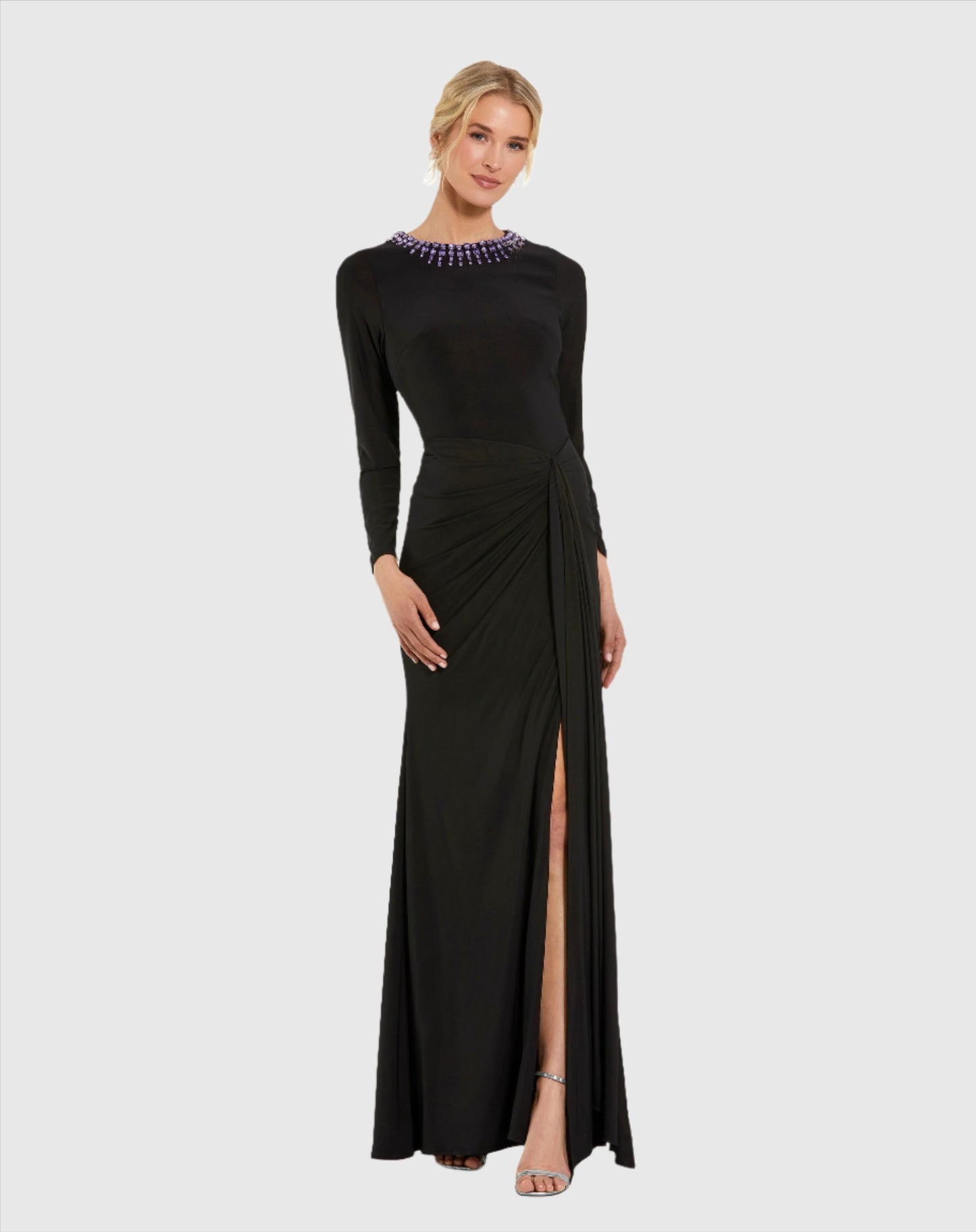 Long Sleeve Jersey Ruched Gown With Beaded Neck