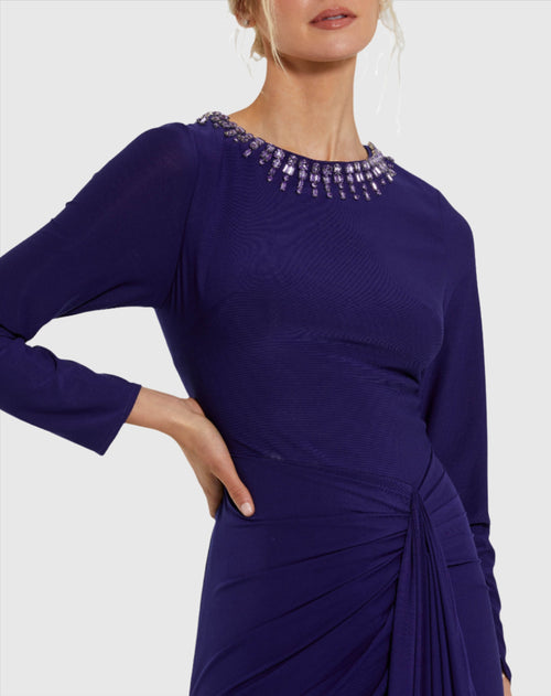 Long Sleeve Jersey Ruched Gown With Beaded Neck