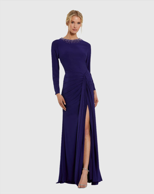 Long Sleeve Jersey Ruched Gown With Beaded Neck