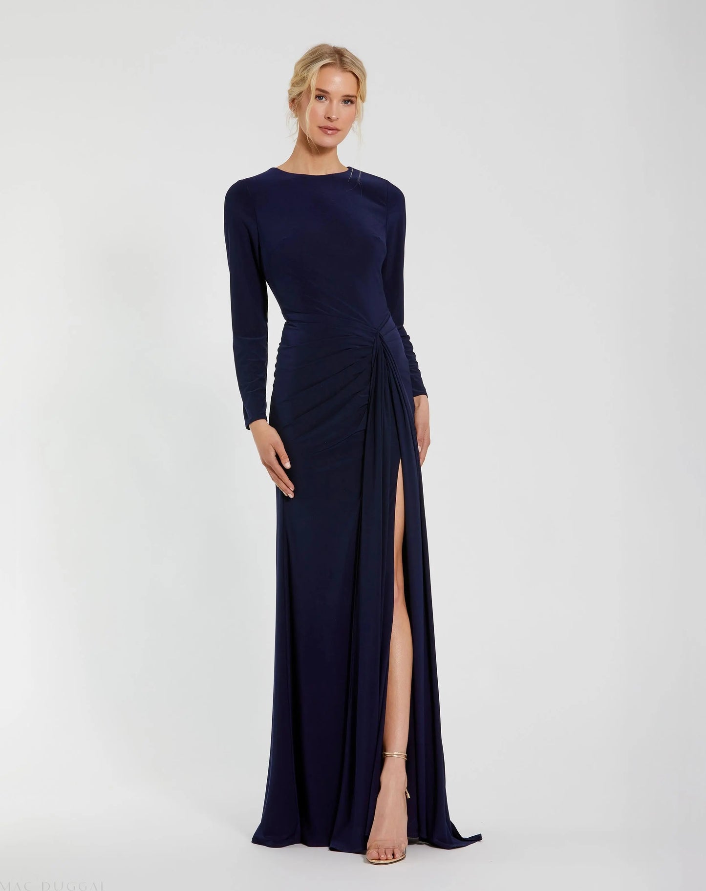 Navy Long Sleeve Fitted Jersey Gown With Ruched Waist - Ieena for Mac Duggal