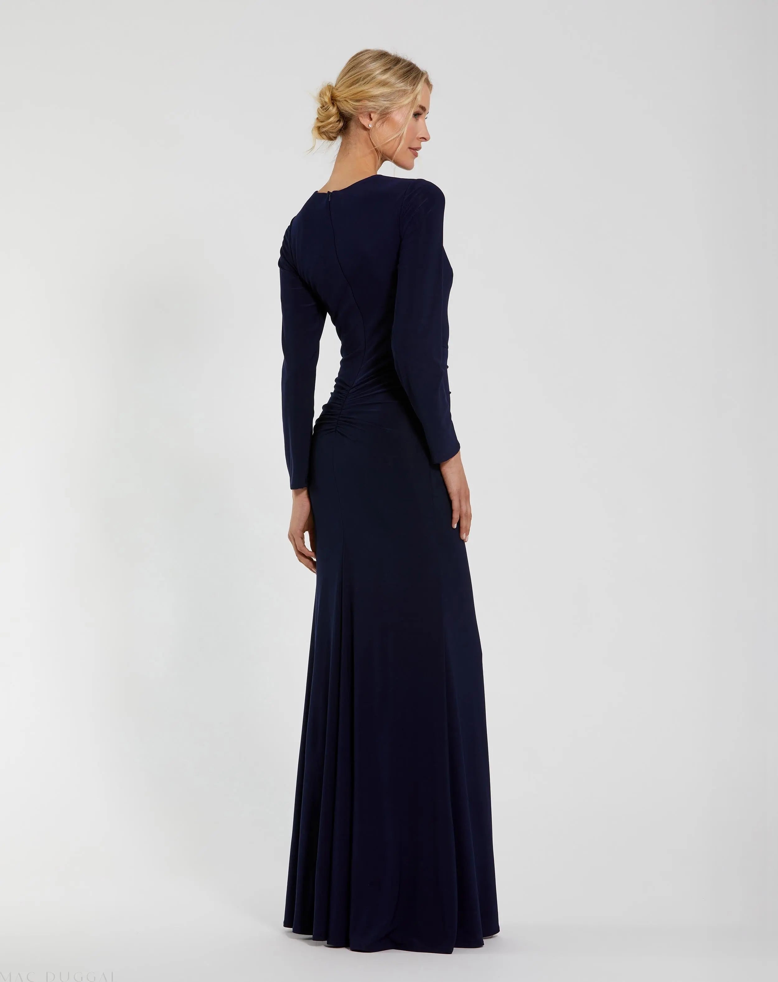 Navy Long Sleeve Fitted Jersey Gown With Ruched Waist - Ieena for Mac Duggal
