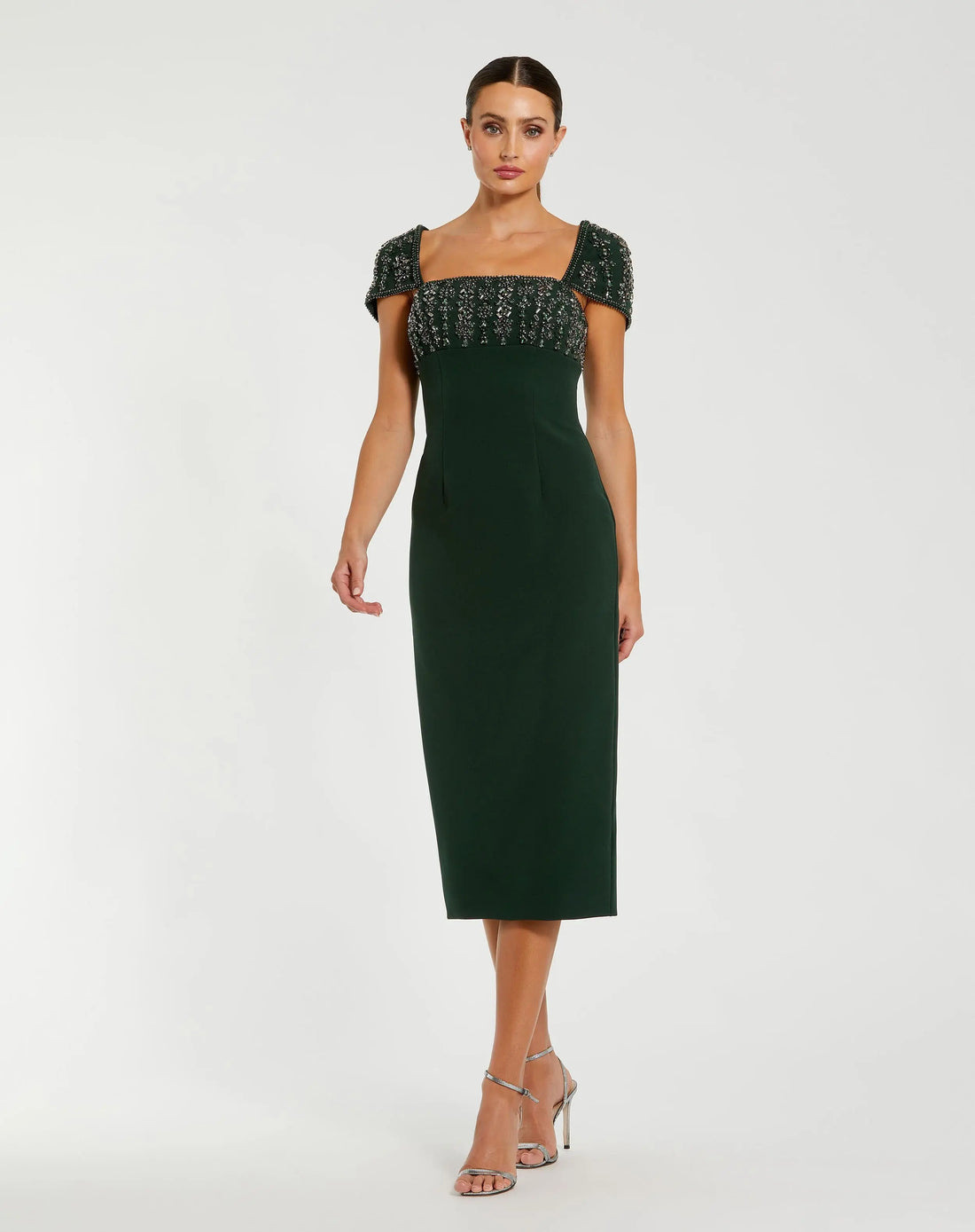 Green Embellished Cap Sleeve Crepe Midi Dress - Mac Duggal
