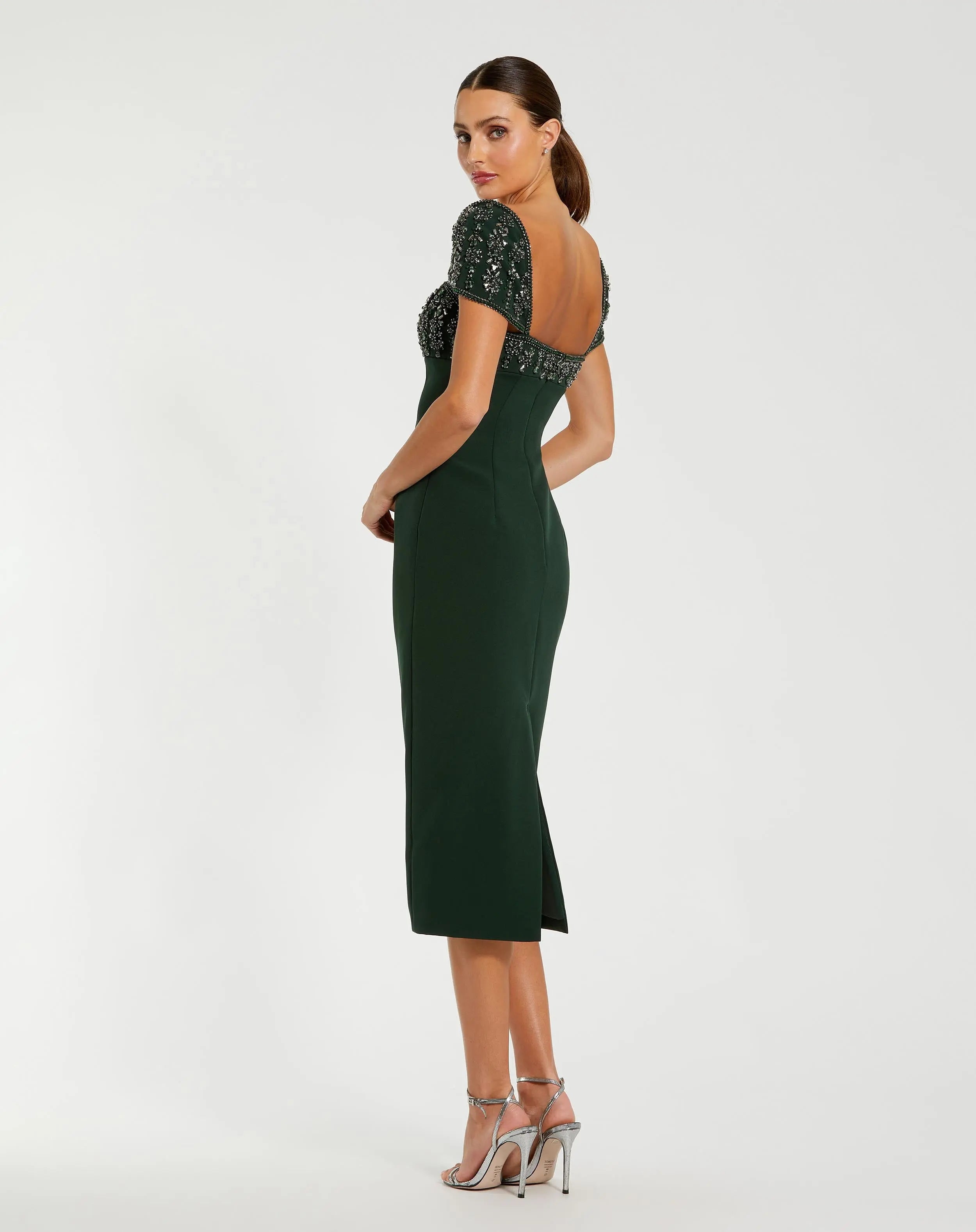 Green Embellished Cap Sleeve Crepe Midi Dress - Mac Duggal