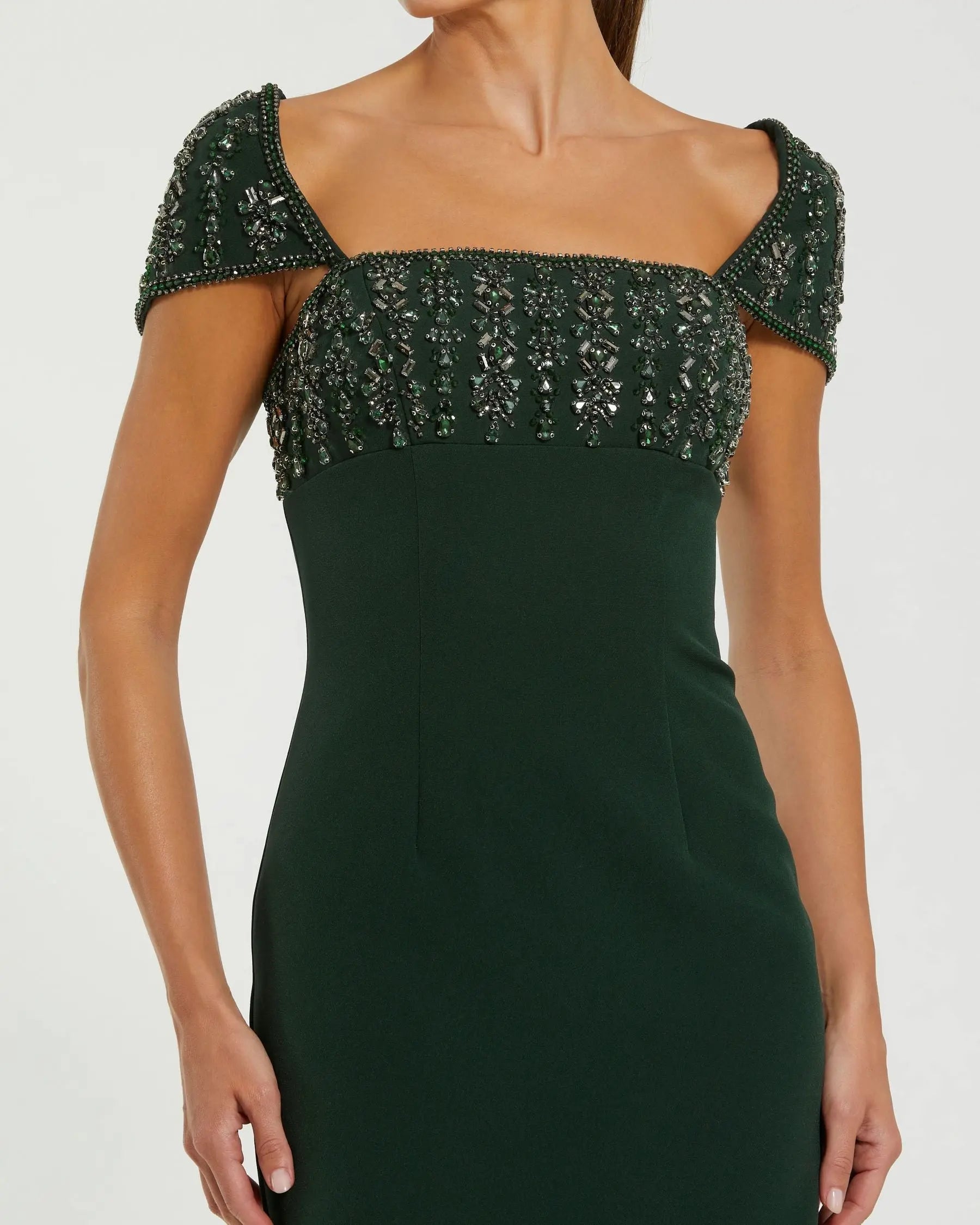 Green Embellished Cap Sleeve Crepe Midi Dress Mac Duggal