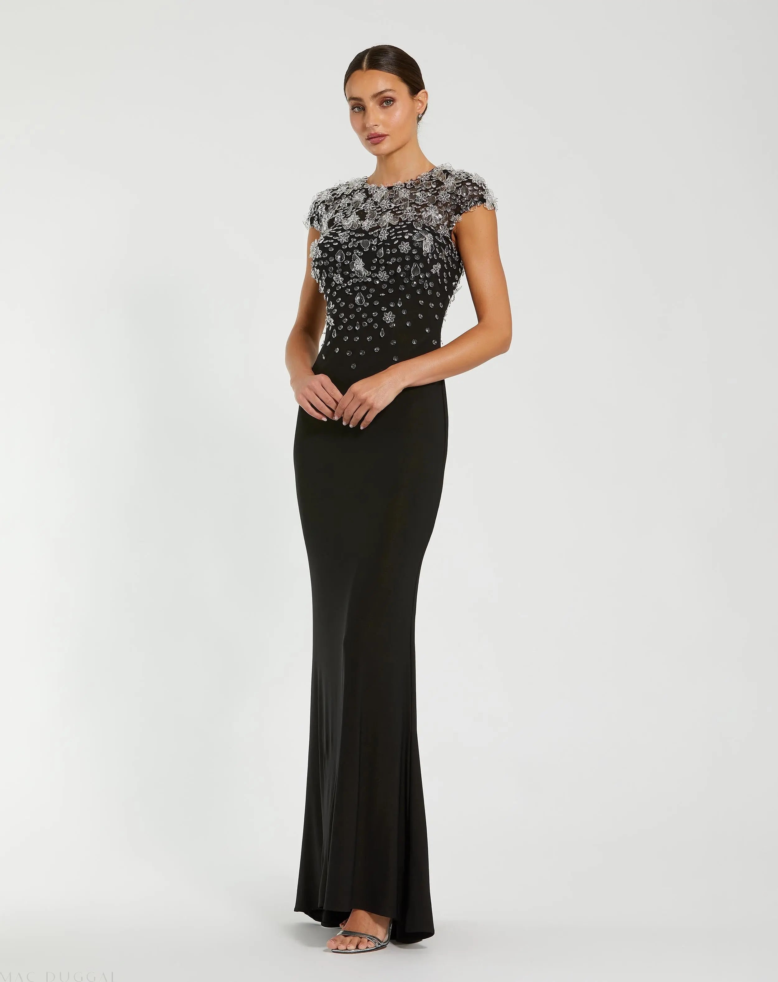 Black Crystal Embellished Jersey Fitted Cap Sleeve Gown - Mac Duggal