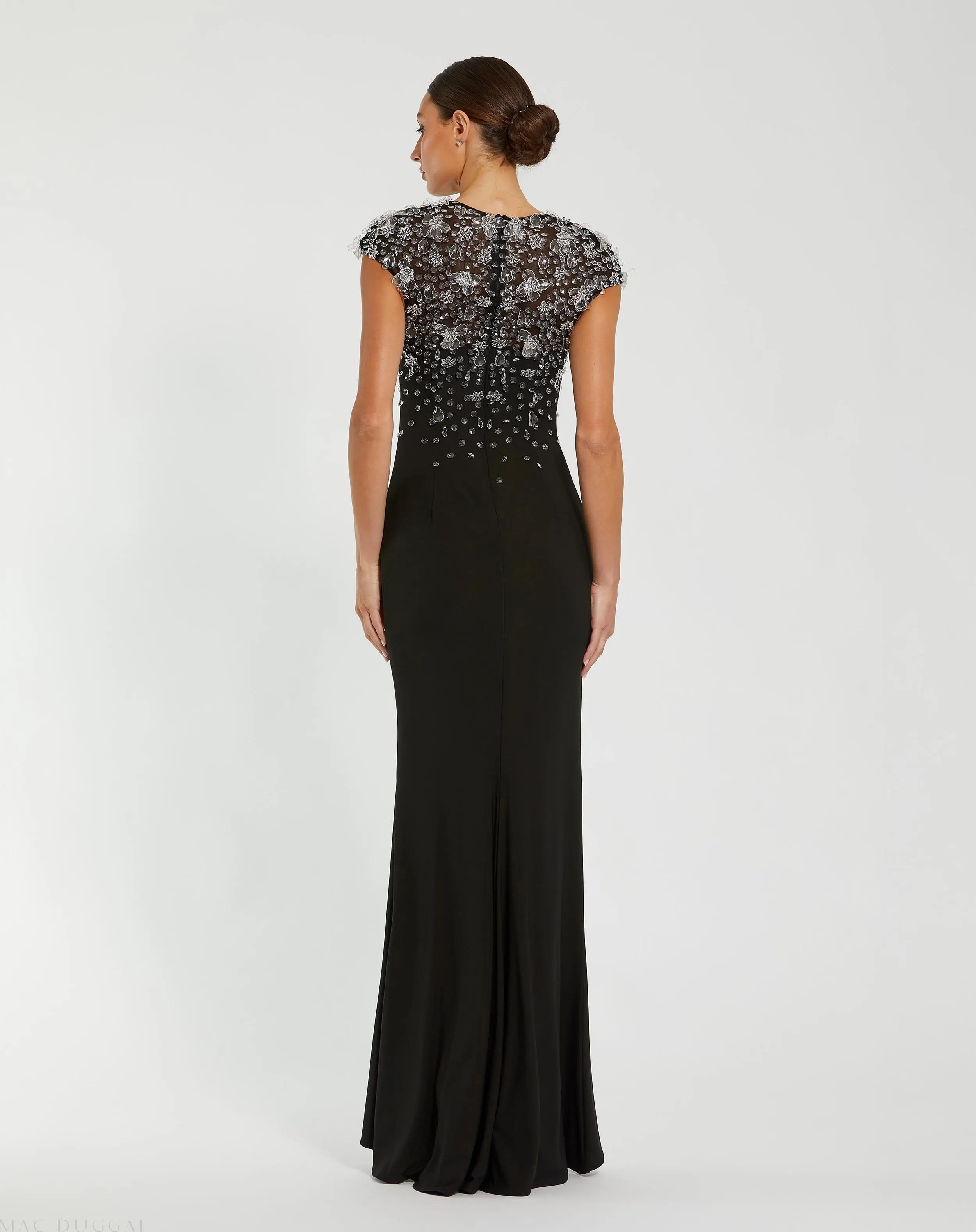 Black Crystal Embellished Jersey Fitted Cap Sleeve Gown - Mac Duggal