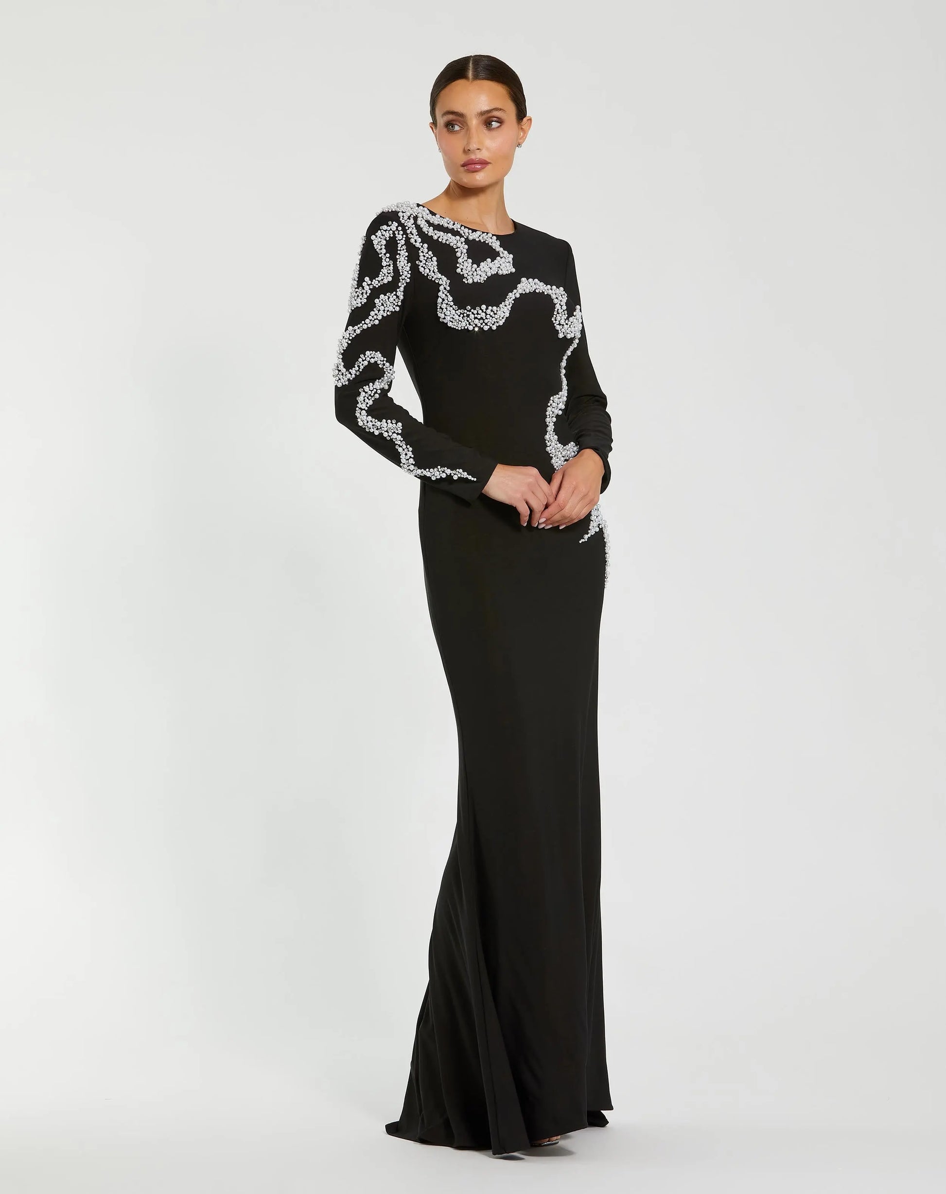 Black Jersey Evening Gown With Beaded Swirl Detail | Mac Duggal Black Jersey Evening Gown With Beaded Swirl Detail | Mac Duggal