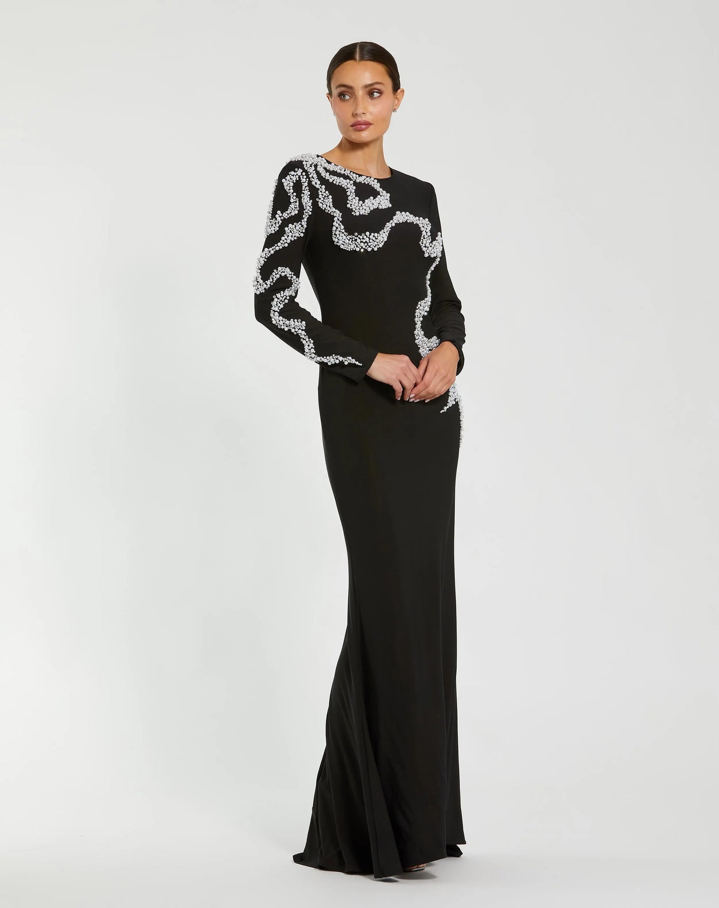 Black Jersey Evening Gown with Beaded Swirl Appliqué - Mac Duggal