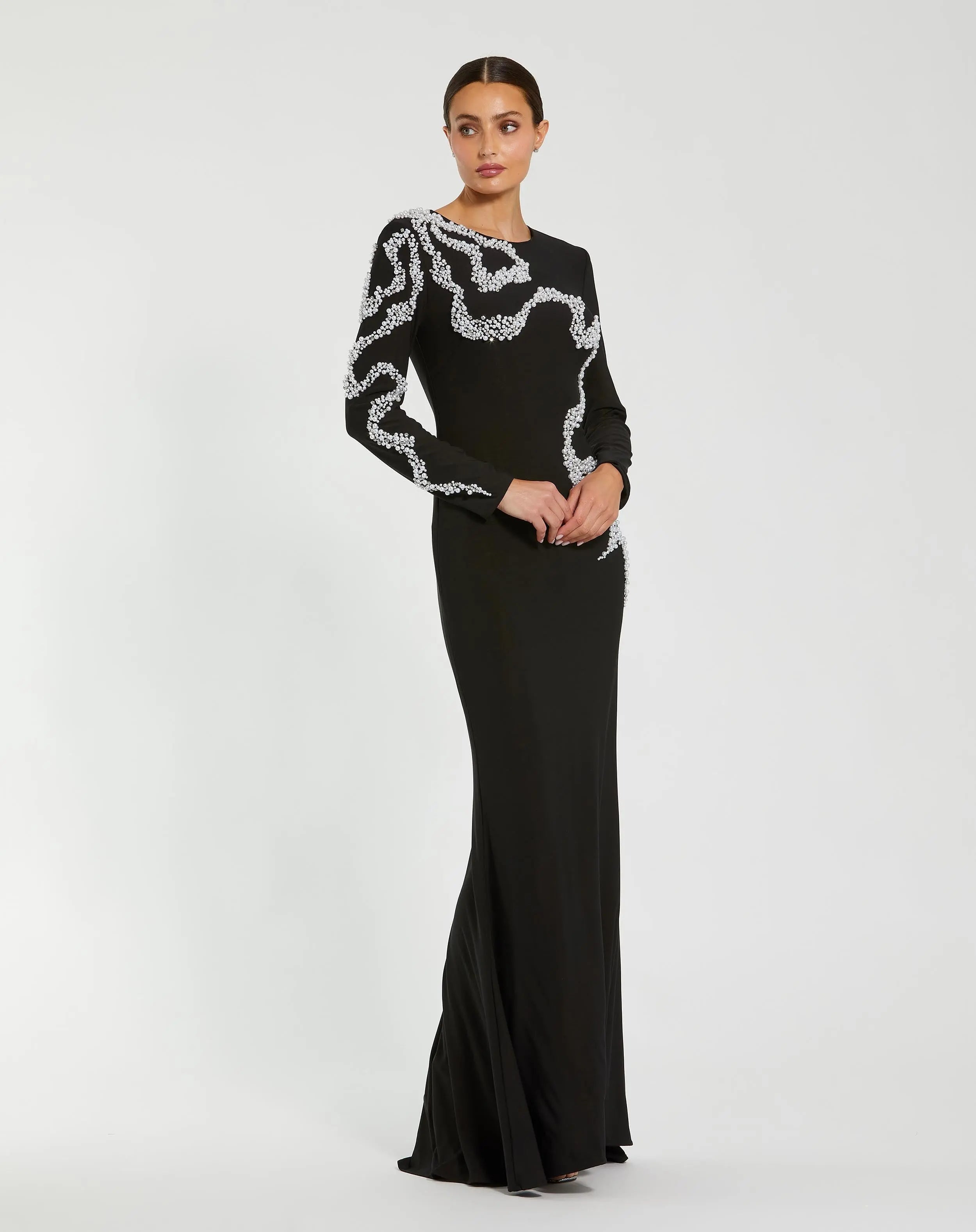 Black Jersey Evening Gown with Beaded Swirl Appliqué - Mac Duggal