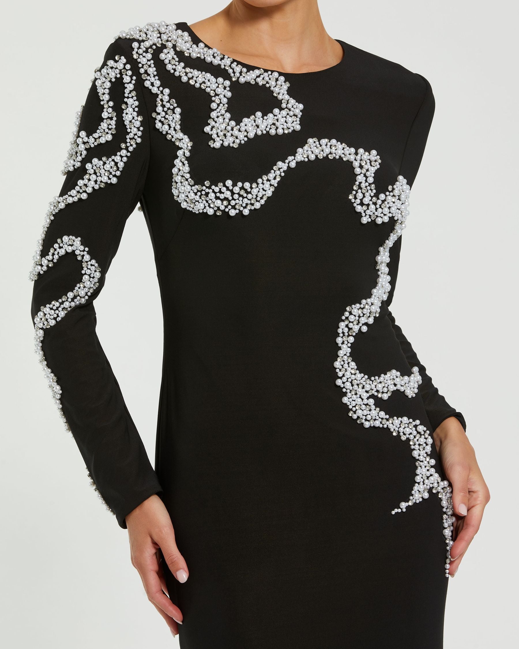 Black Jersey Evening Gown with Beaded Swirl Detail Mac Duggal