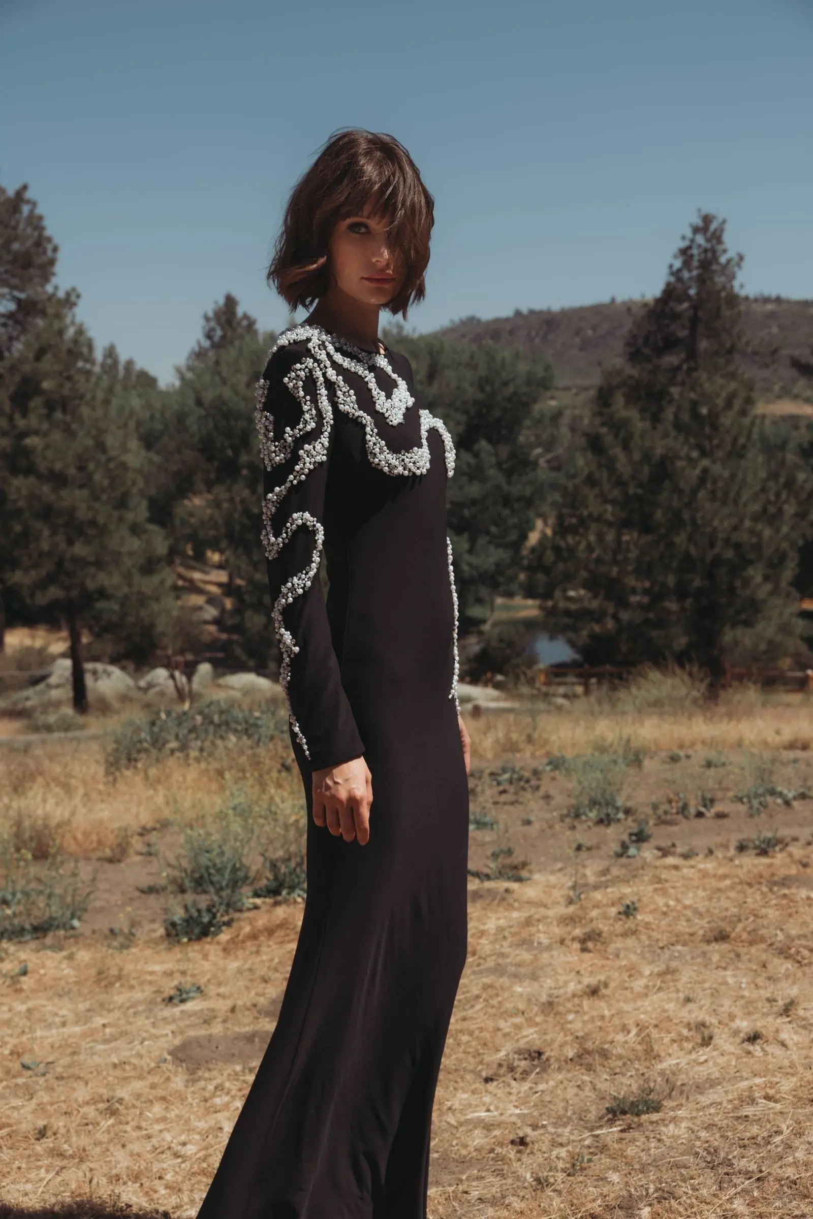 Black Jersey Evening Gown with Beaded Swirl Appliqué - Mac Duggal