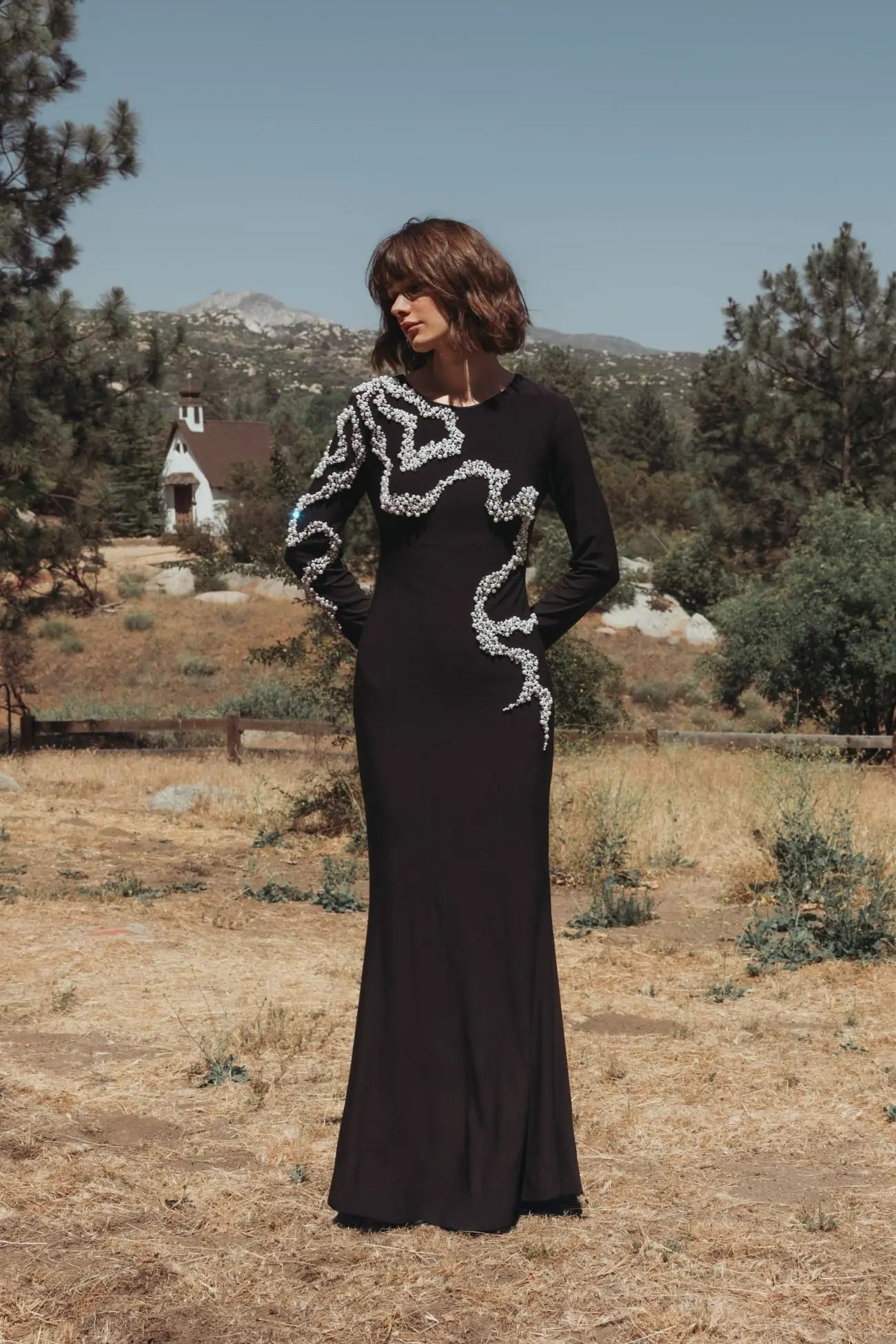 Black Jersey Evening Gown With Beaded Swirl Detail