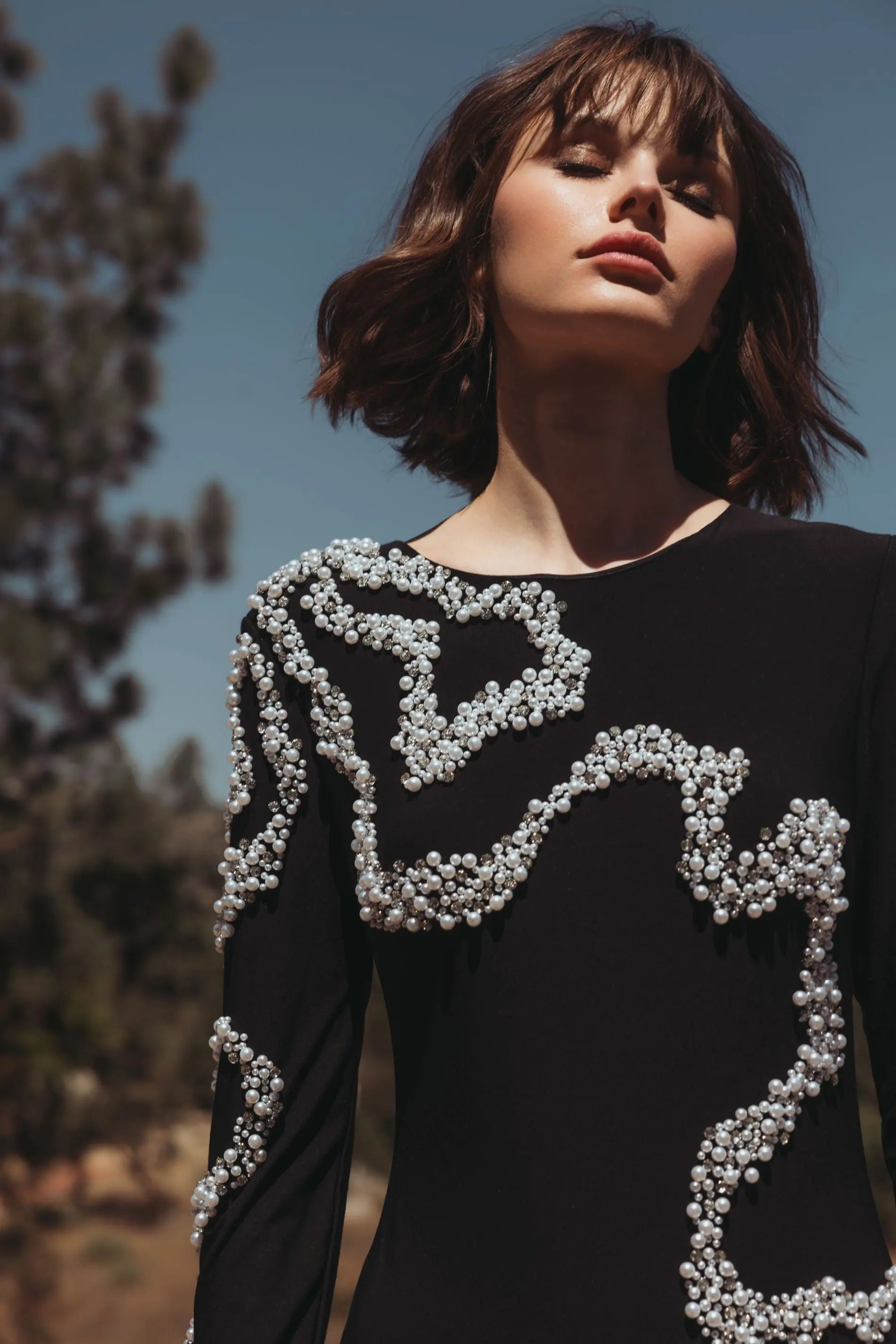 Black Jersey Evening Gown With Beaded Swirl Detail Black Jersey Evening Gown With Beaded Swirl Detail