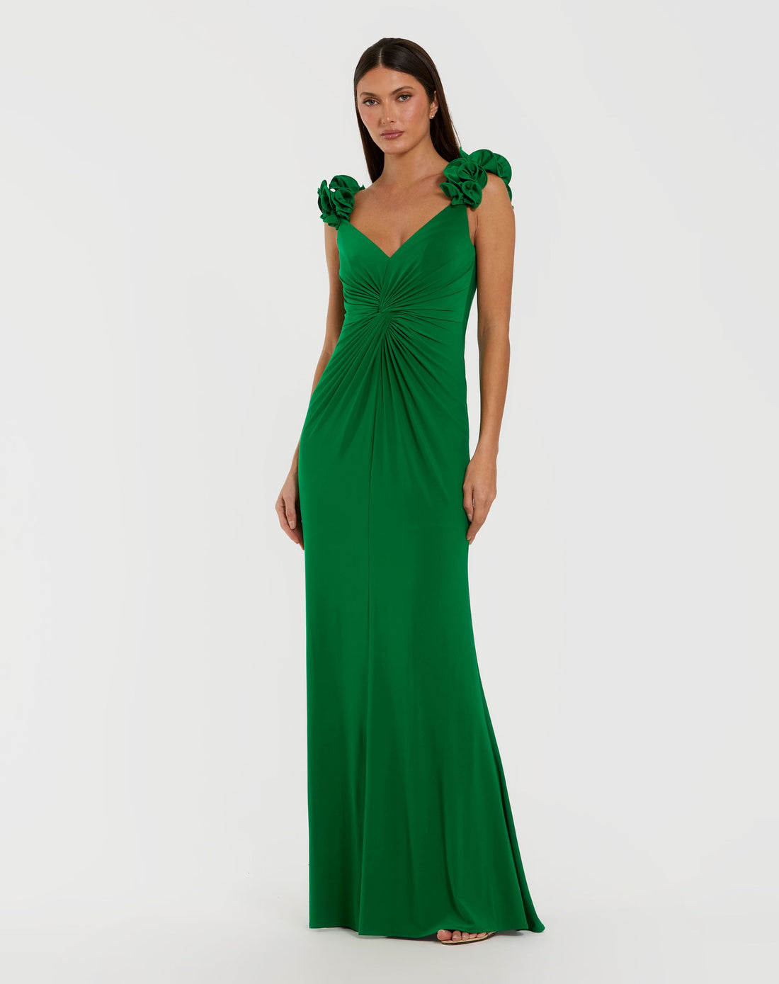Green Sleeveless V-Neck Gown With Ruffled Straps - Ieena for Mac Duggal