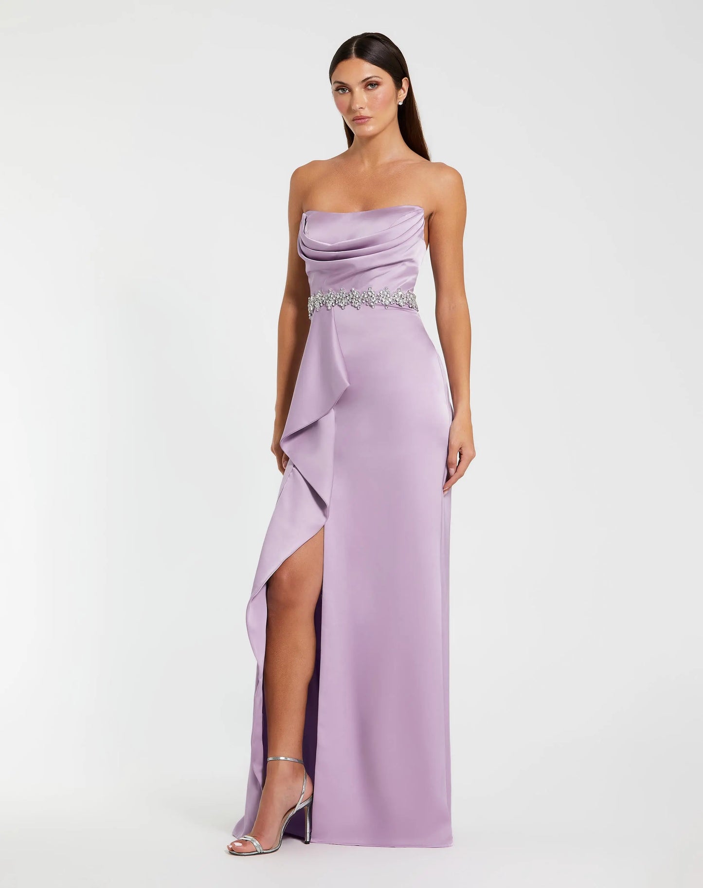Purple Strapless Satin Gown With Embellished Belt Detail - Mac Duggal