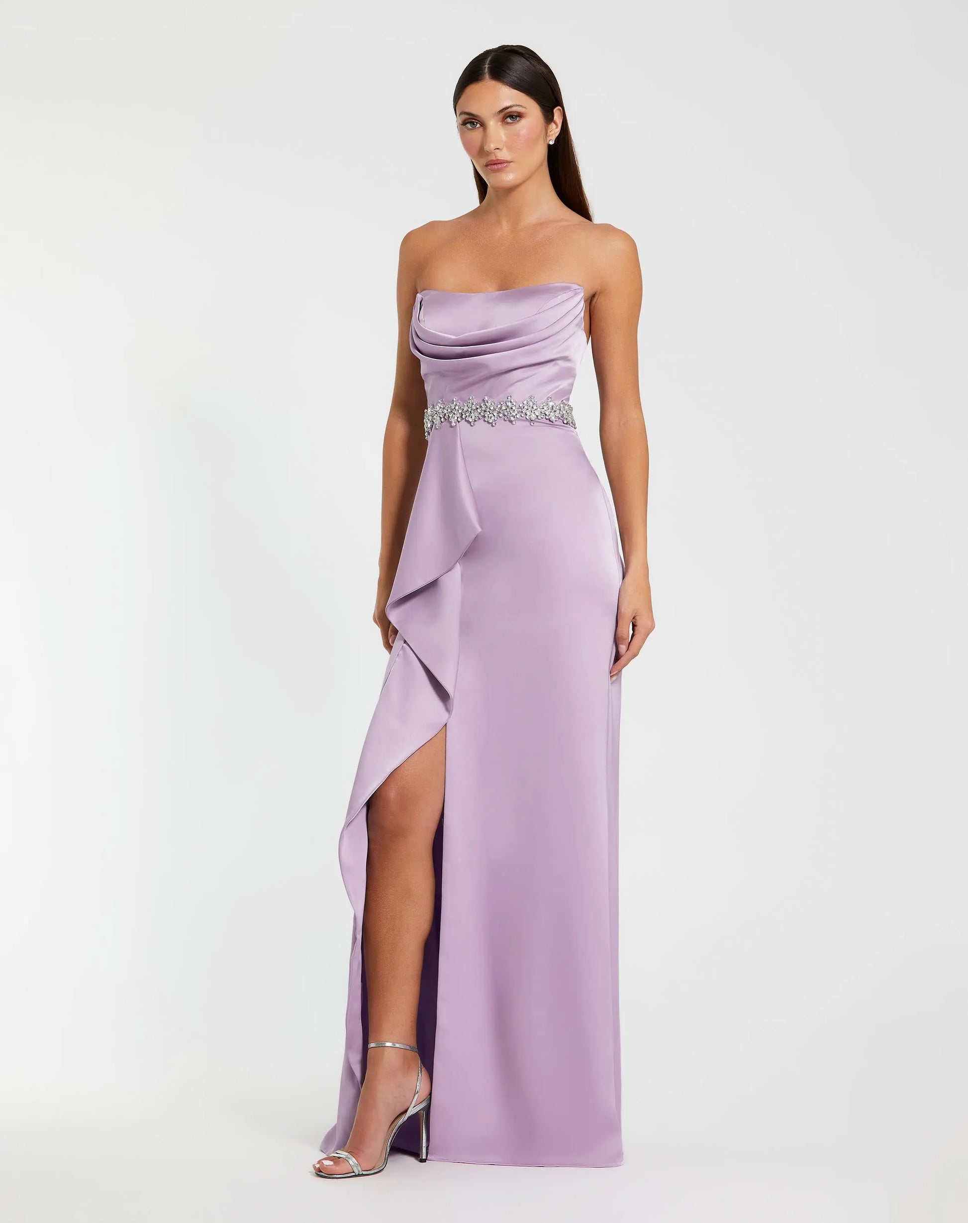 Purple Strapless Satin Gown With Embellished Belt Detail - Mac Duggal Purple Strapless Satin Gown With Embellished Belt Detail - Mac Duggal