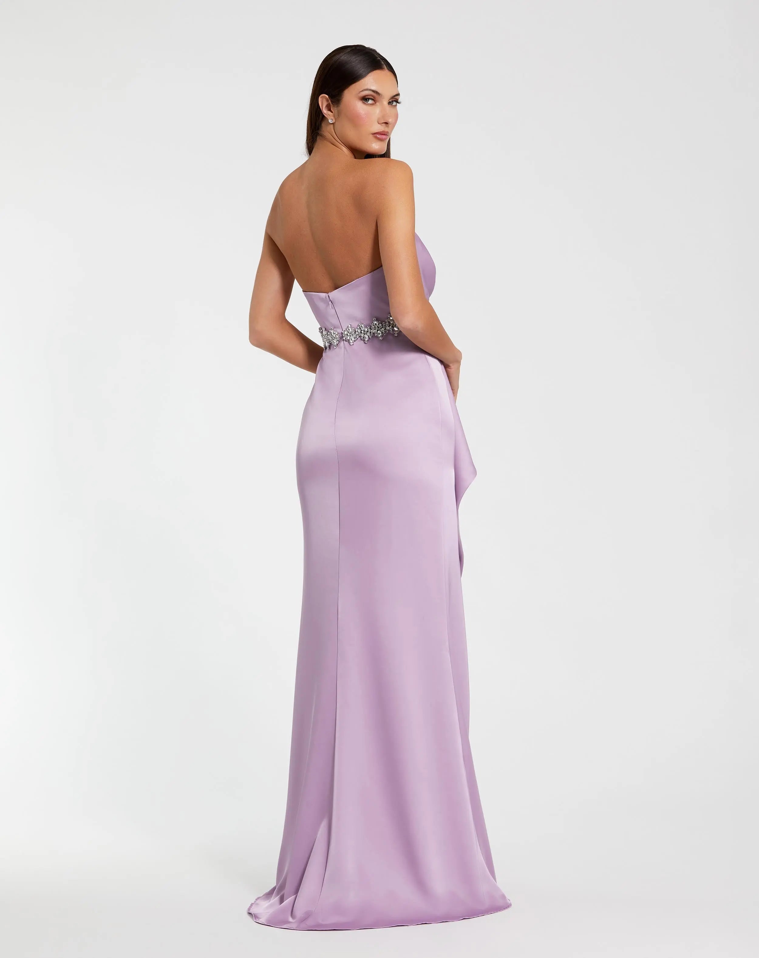 Purple Strapless Satin Gown With Embellished Belt Detail - Mac Duggal