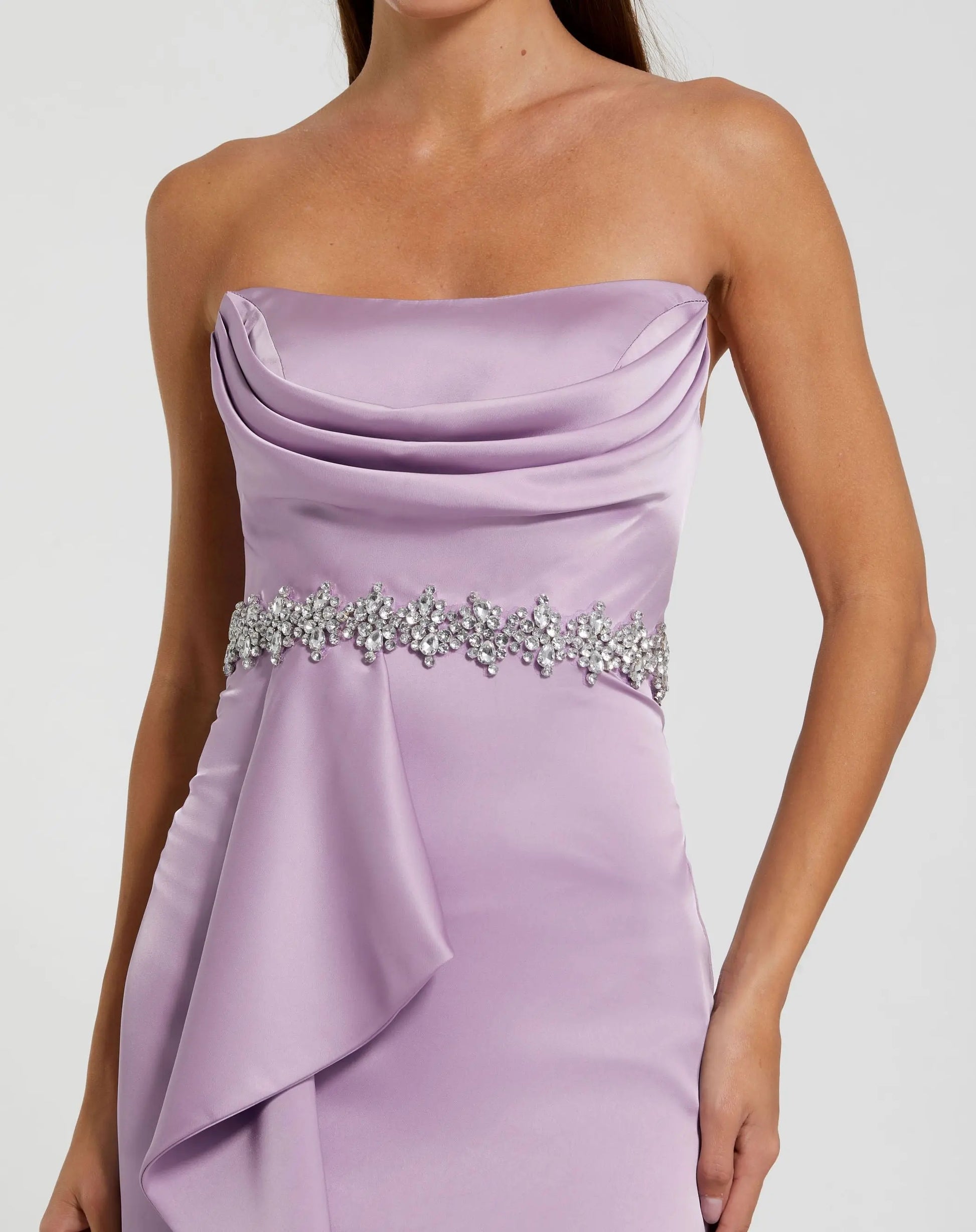 Mac Duggal - Purple Strapless Satin Gown with Embellished Belt Detail - Lilac / US 4 Mac Duggal - Purple Strapless Satin Gown with Embellished Belt Detail - Lilac / US 4