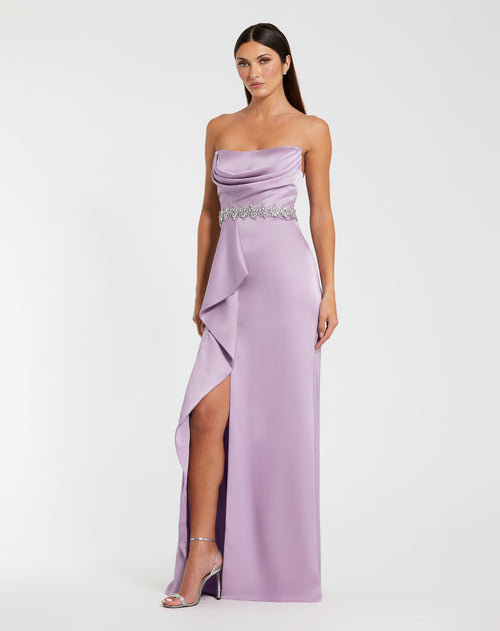 Purple Strapless Satin Gown With Embellished Belt Detail