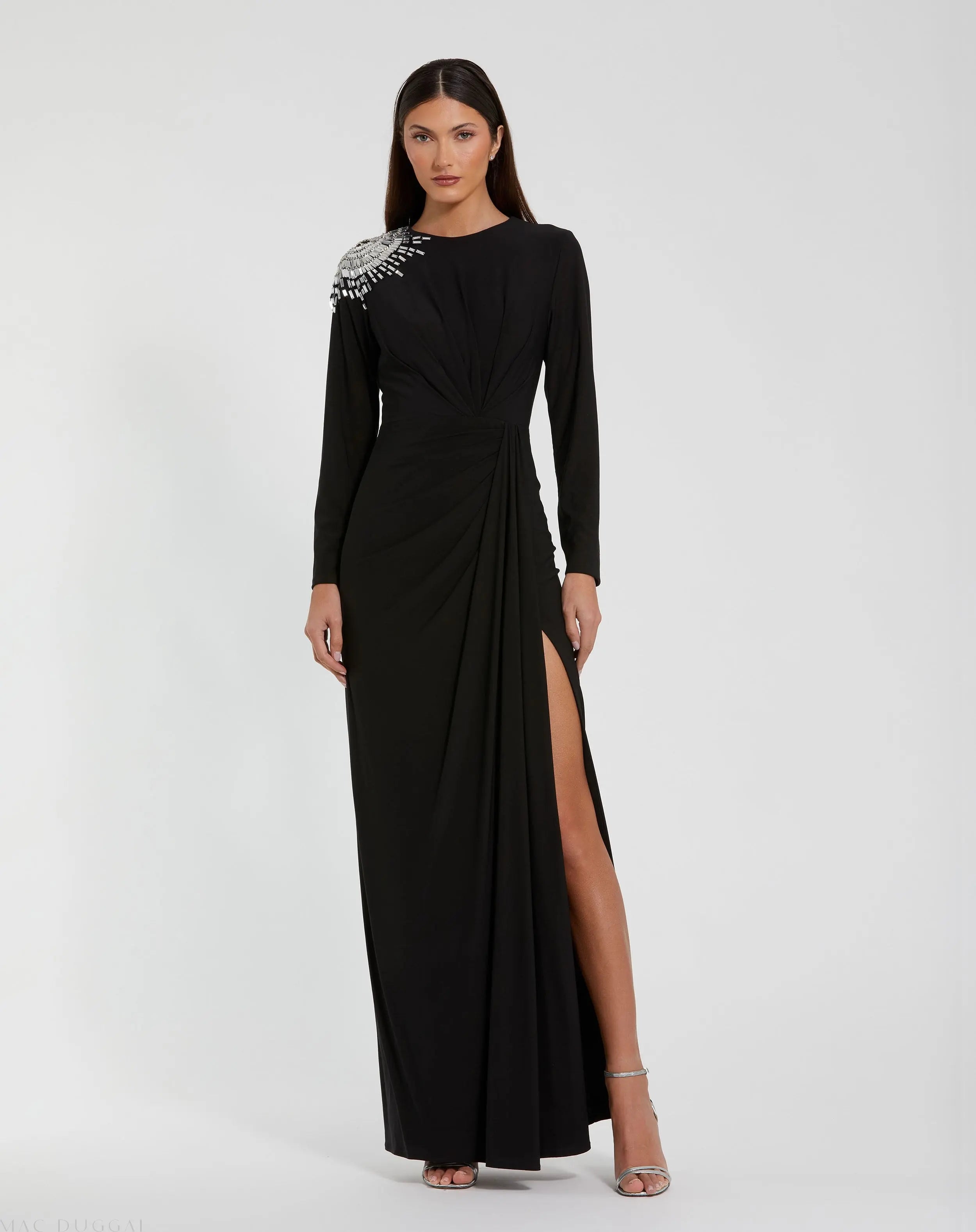 Black Jersey Long Sleeve Wrap Gown With Beaded Shoulder Ieena for Mac Duggal