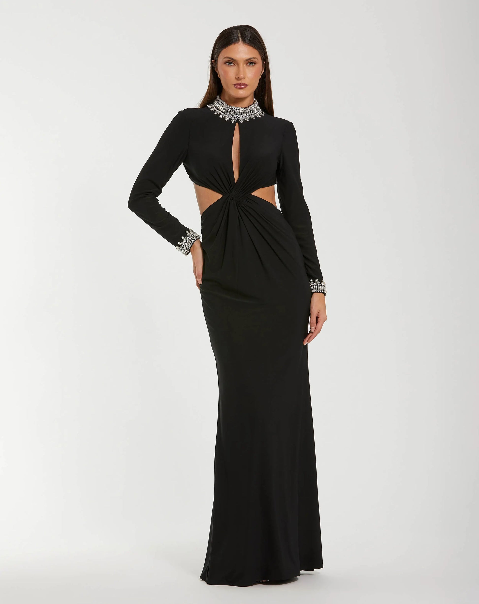 Black Embellished Jersey Long Sleeve Cut Out Evening Gown - Ieena for Mac Duggal