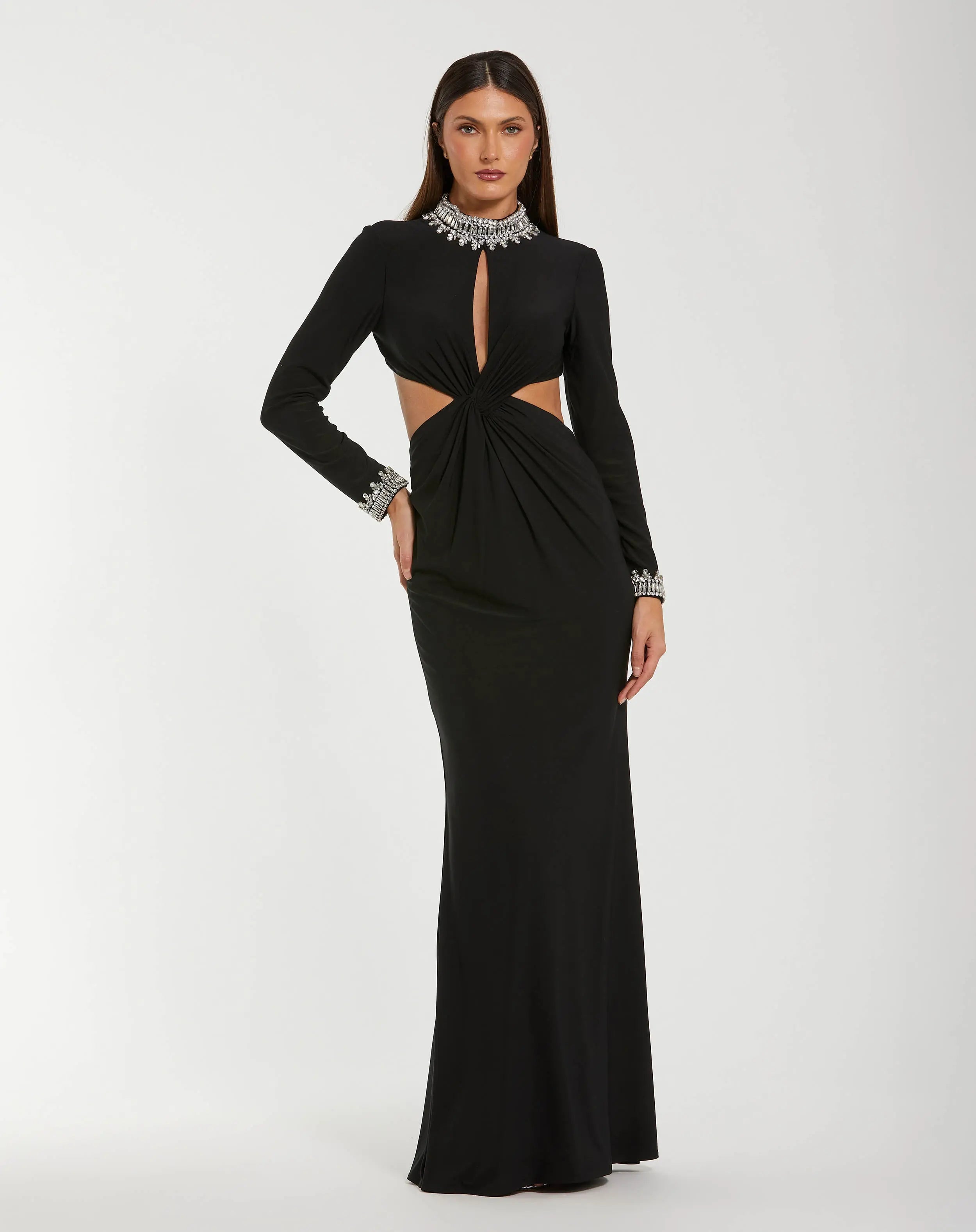 Black Embellished Jersey Long Sleeve Cut Out Evening Gown - Ieena for Mac Duggal