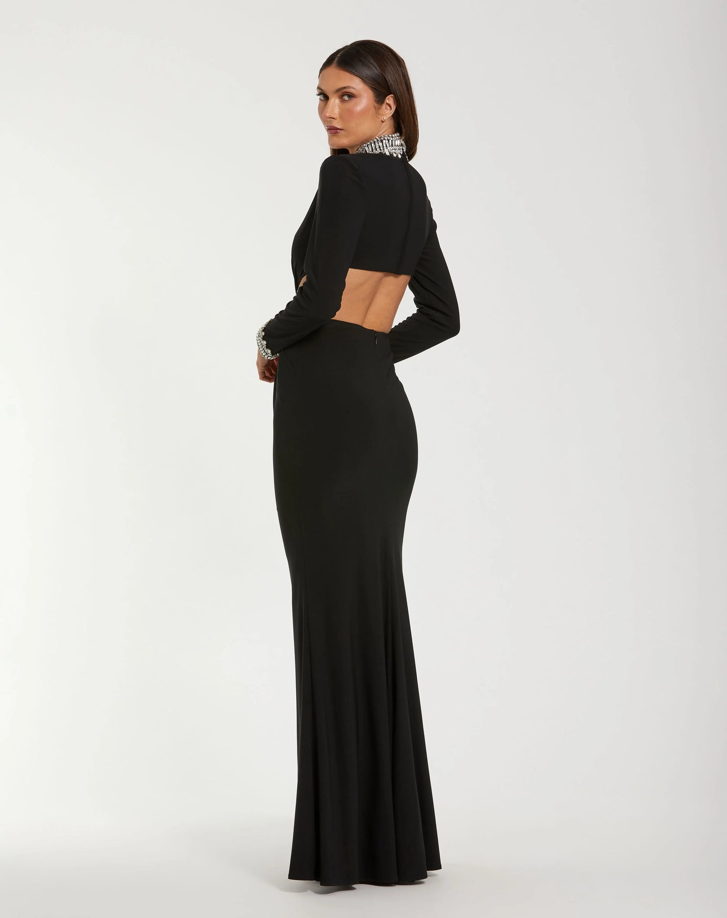 Black Embellished Jersey Long Sleeve Cut Out Evening Gown - Ieena for Mac Duggal
