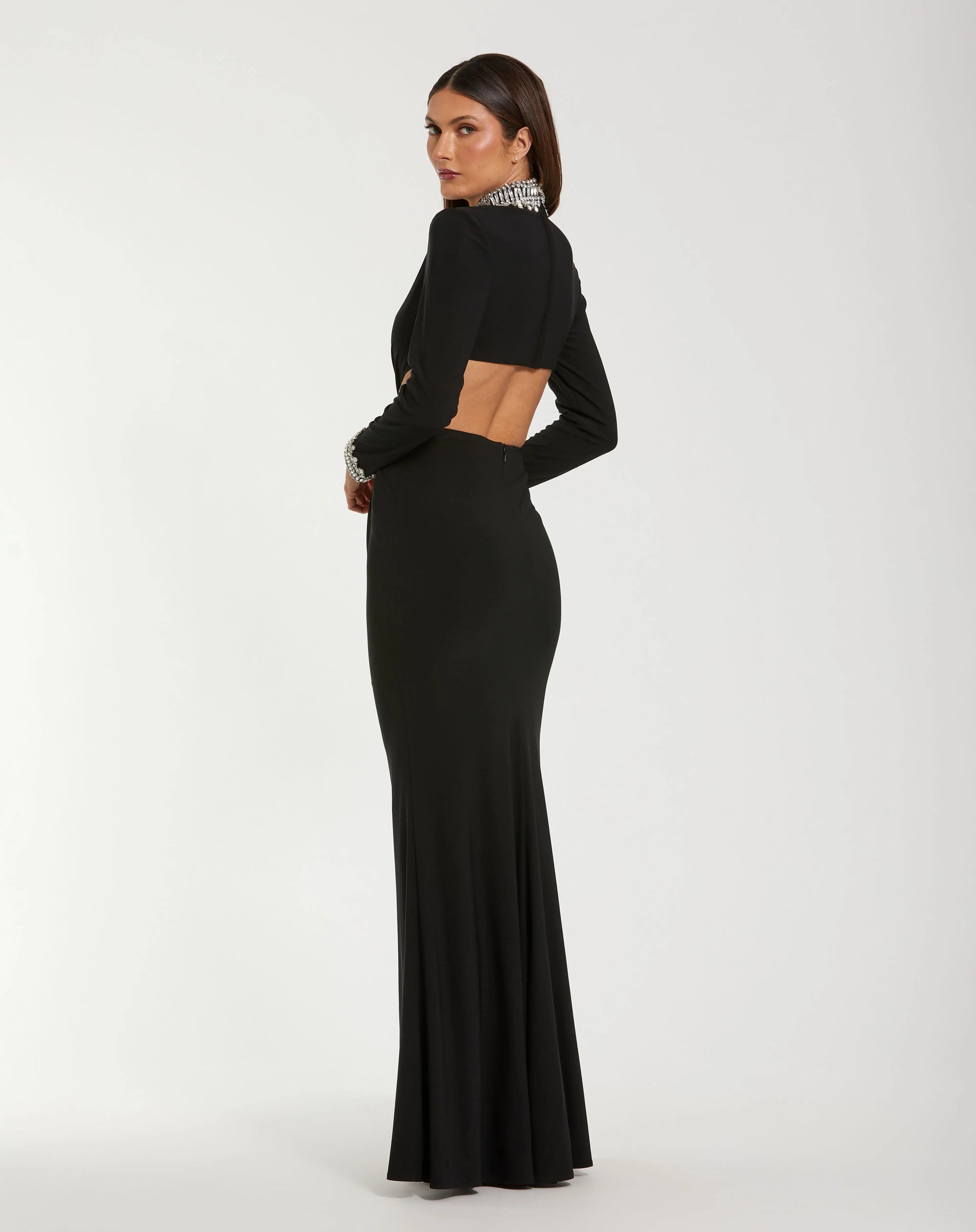 Black Embellished Jersey Long Sleeve Cut Out Evening Gown - Ieena for Mac Duggal