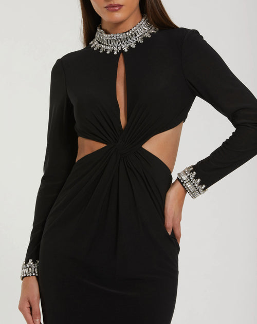 Black Embellished Jersey Long Sleeve Cut Out Evening Gown - Ieena for Mac Duggal