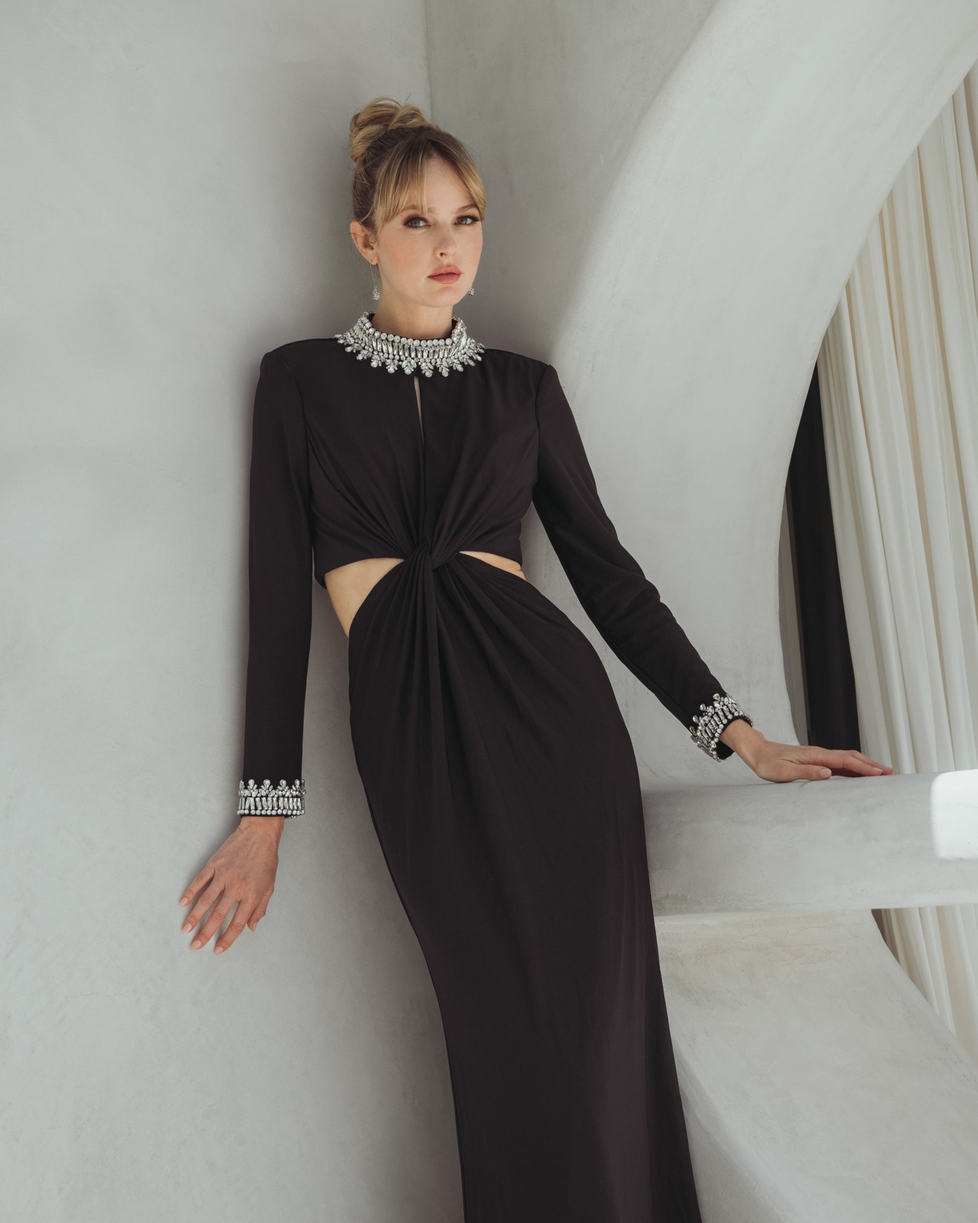 Black Embellished Jersey Long Sleeve Cut Out Evening Gown Ieena for Mac Duggal