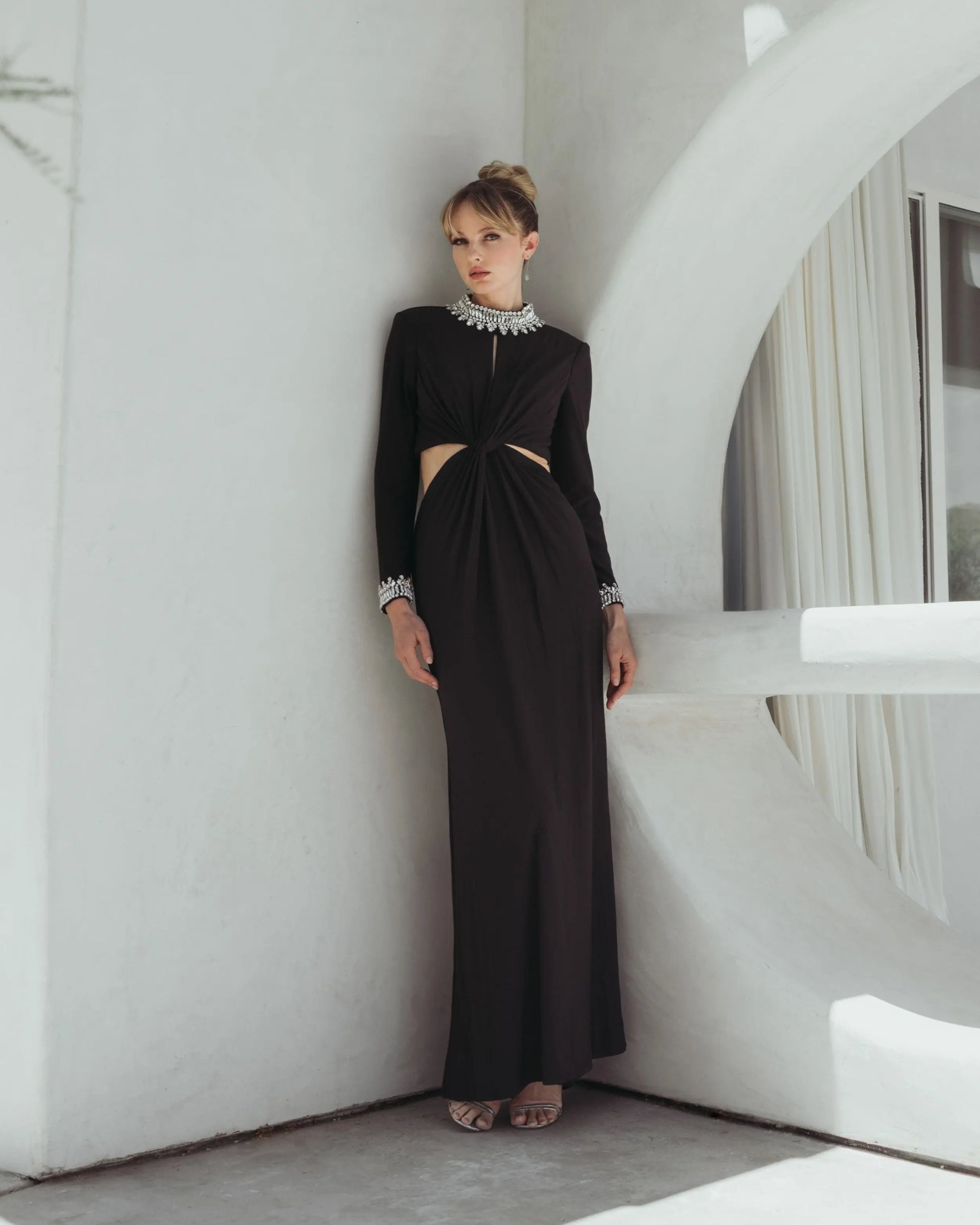 Black Embellished Jersey Long Sleeve Cut Out Evening Gown | Mac Duggal Black Embellished Jersey Long Sleeve Cut Out Evening Gown | Mac Duggal