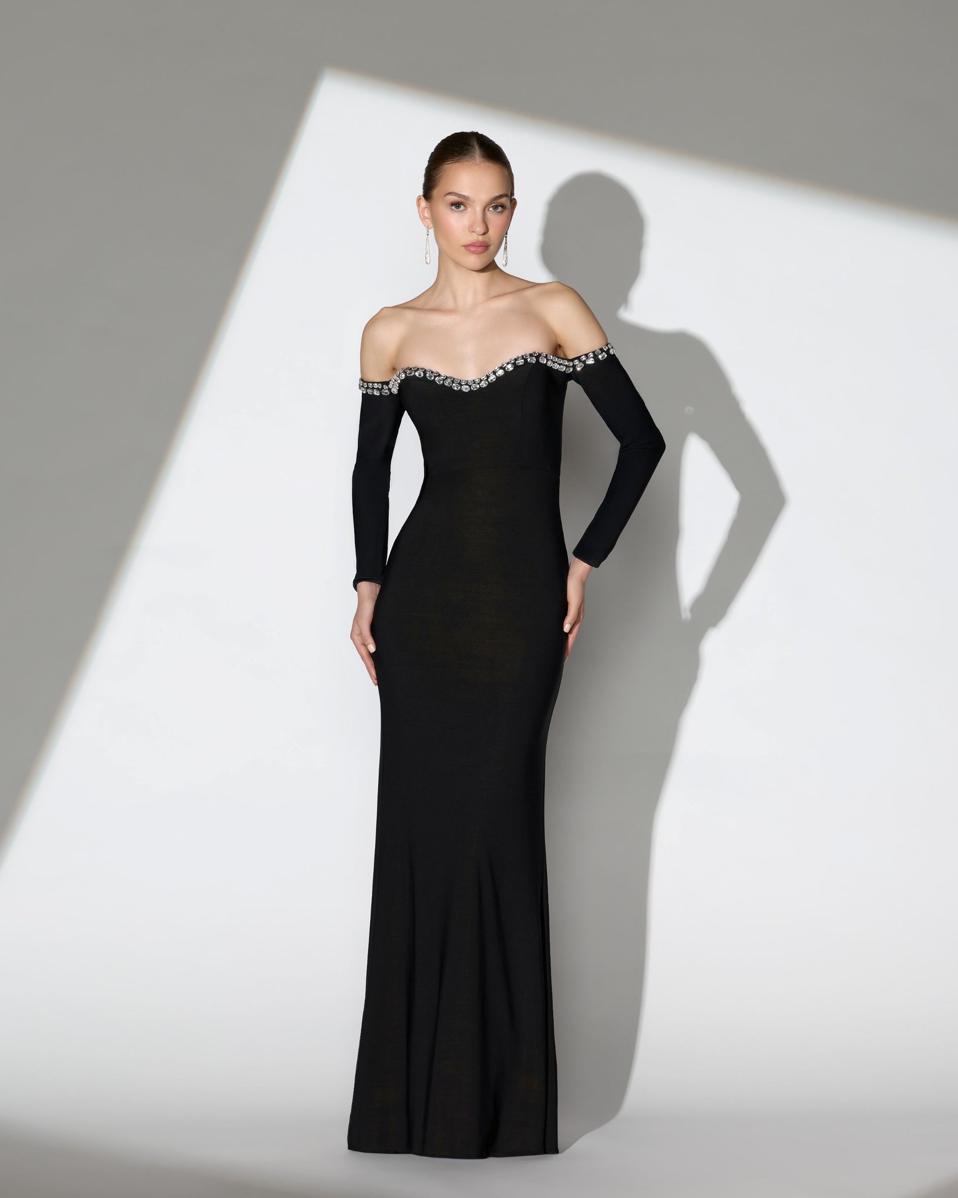 Black Long Sleeve Off The Shoulder Mermaid Gown - Ieena for Mac Duggal