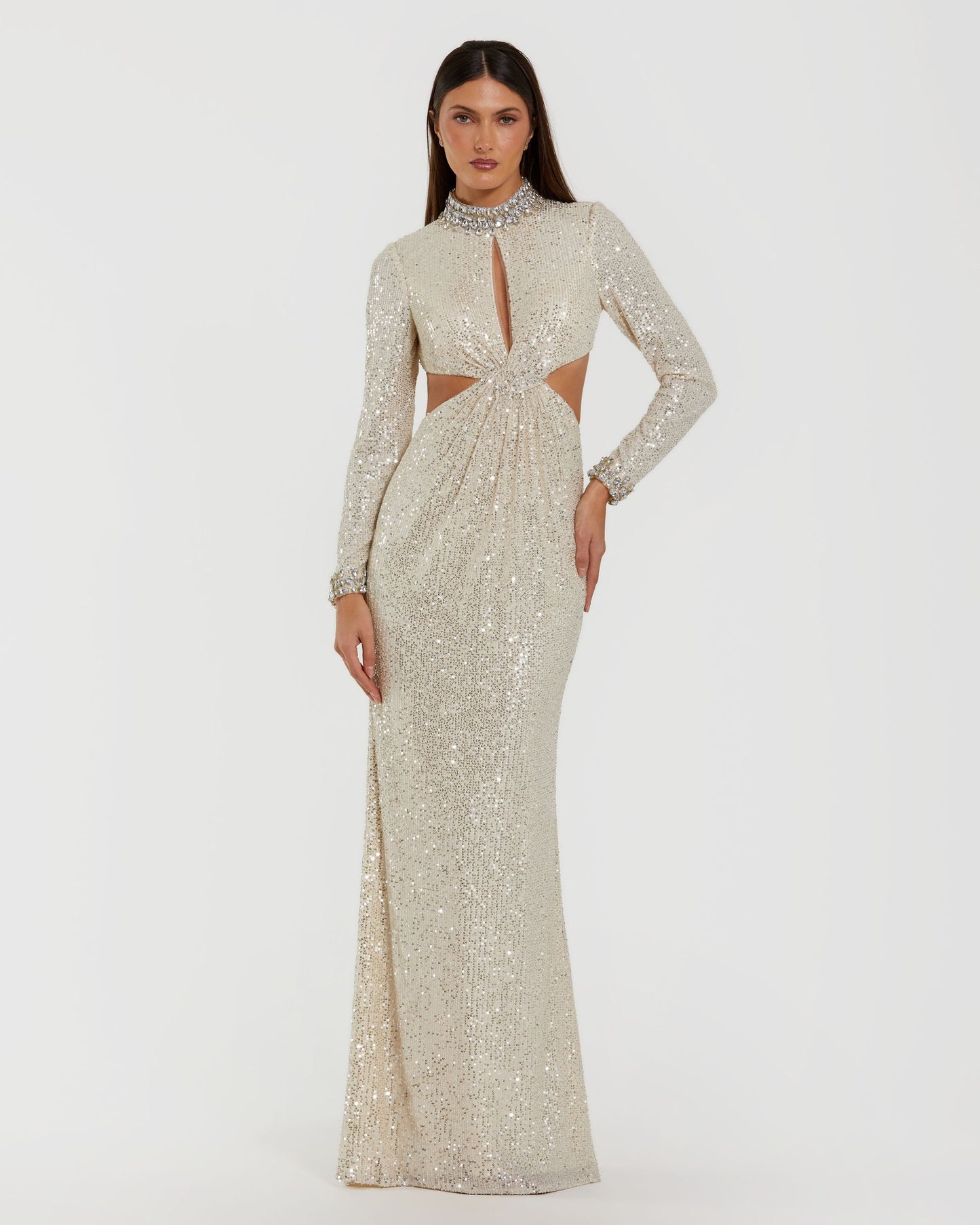 Ivory Long Sleeve Sequin Cutout Gown Ieena for Mac Duggal