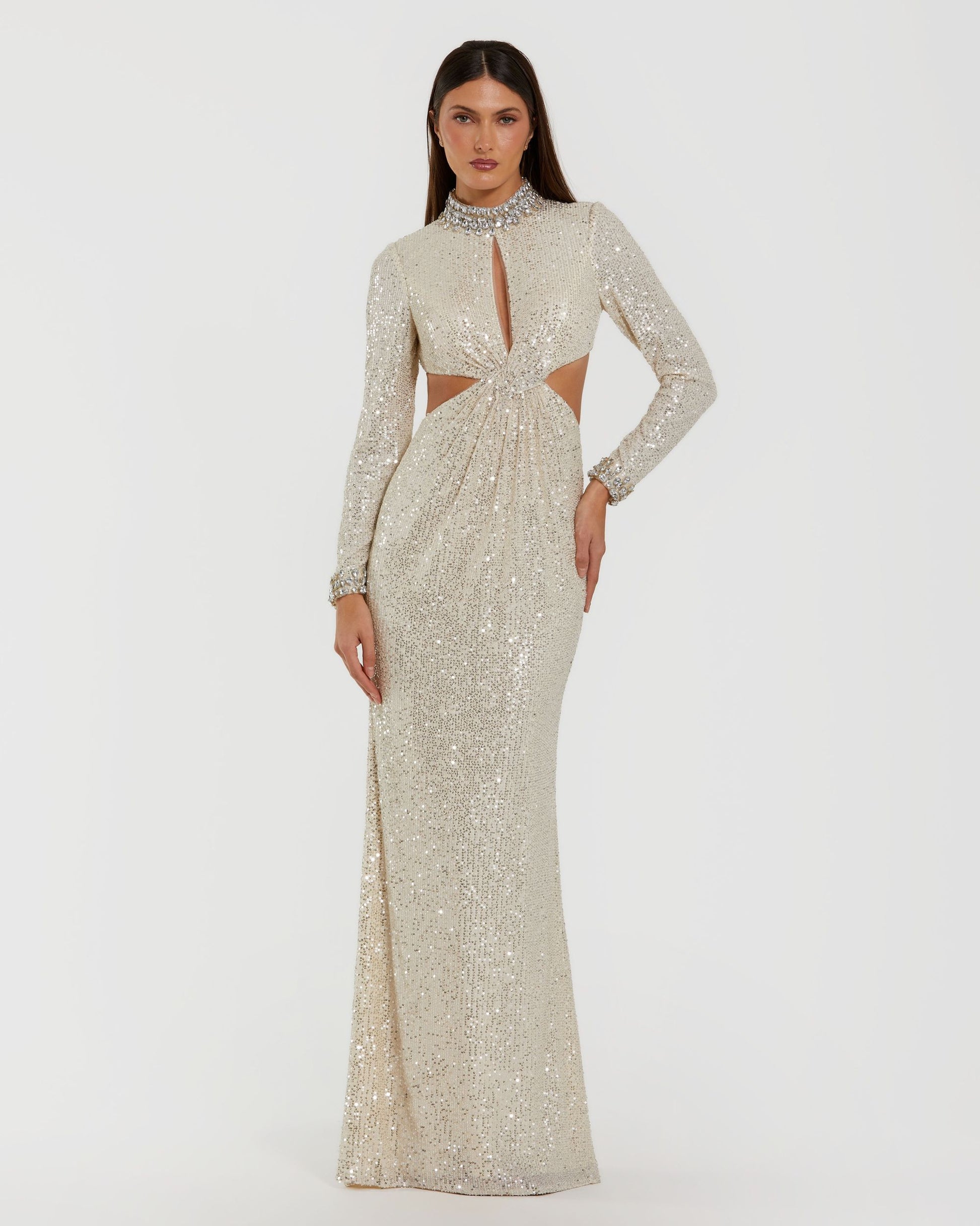 Ivory Long Sleeve Sequin Cutout Gown Ieena for Mac Duggal